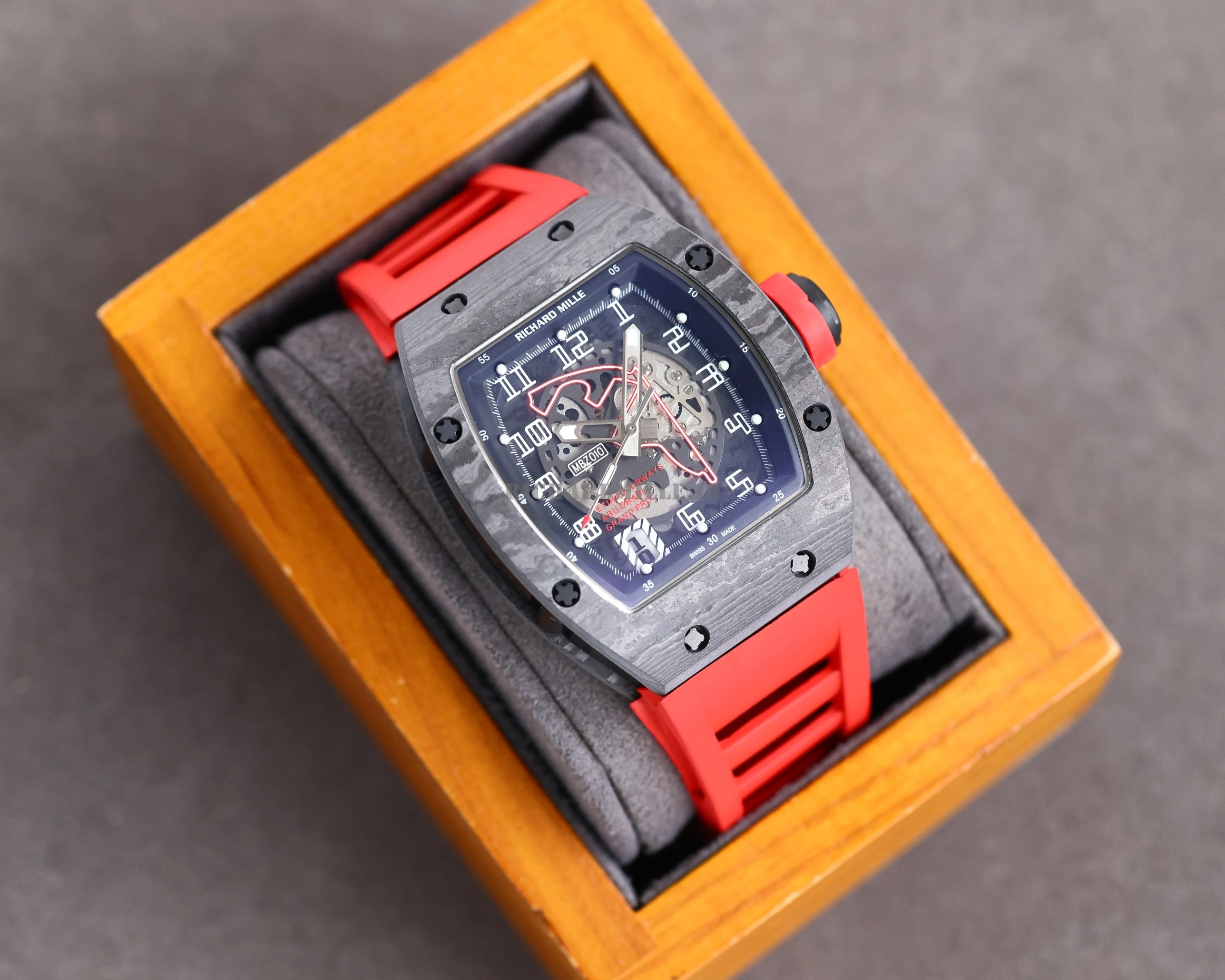Richard Mille RM 010 Replica Men's Skeleton Watch AAA Luxury Automatic 49mm Red Rubber Strap - Dial Detail 3