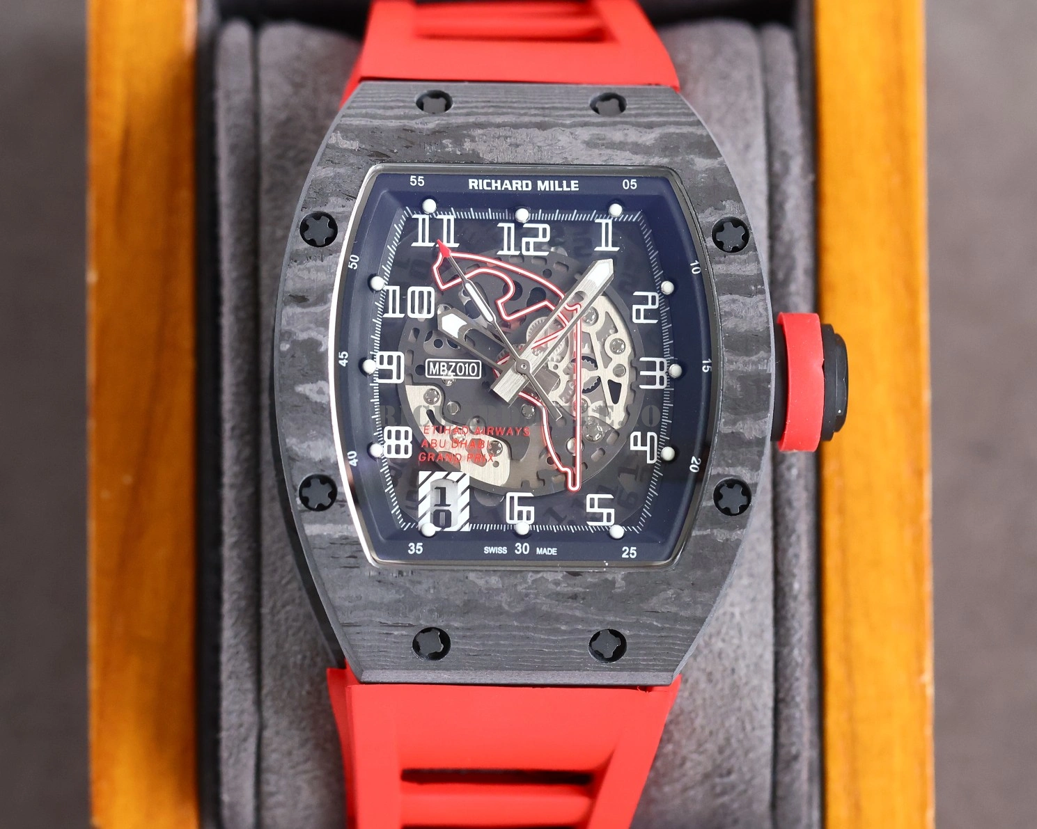 Richard Mille RM 010 Replica Men's Skeleton Watch AAA Luxury Automatic 49mm Red Rubber Strap - Dial Detail 2