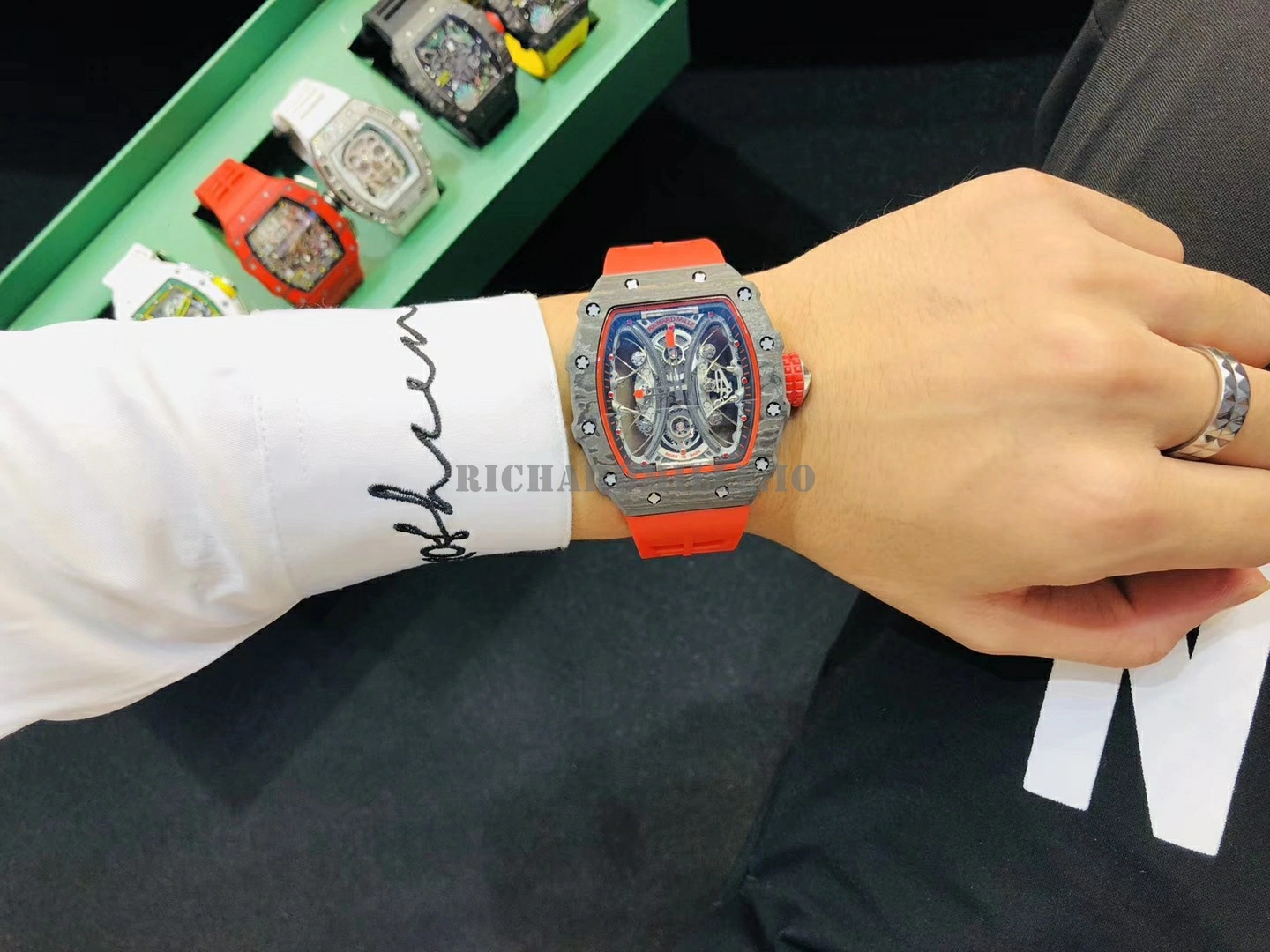 Richard Mille RM 53-01 TPT Carbon Tourbillon Skeleton Red Rubber Strap AAAAA Replica Watch - Wearing