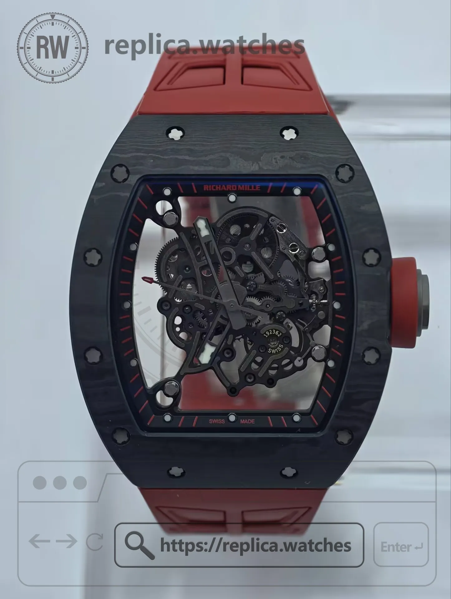 Richard Mille RM 055 Bubba Watson Dark Legend NTPT Carbon Fiber Red Strap Replica Watch - Front View