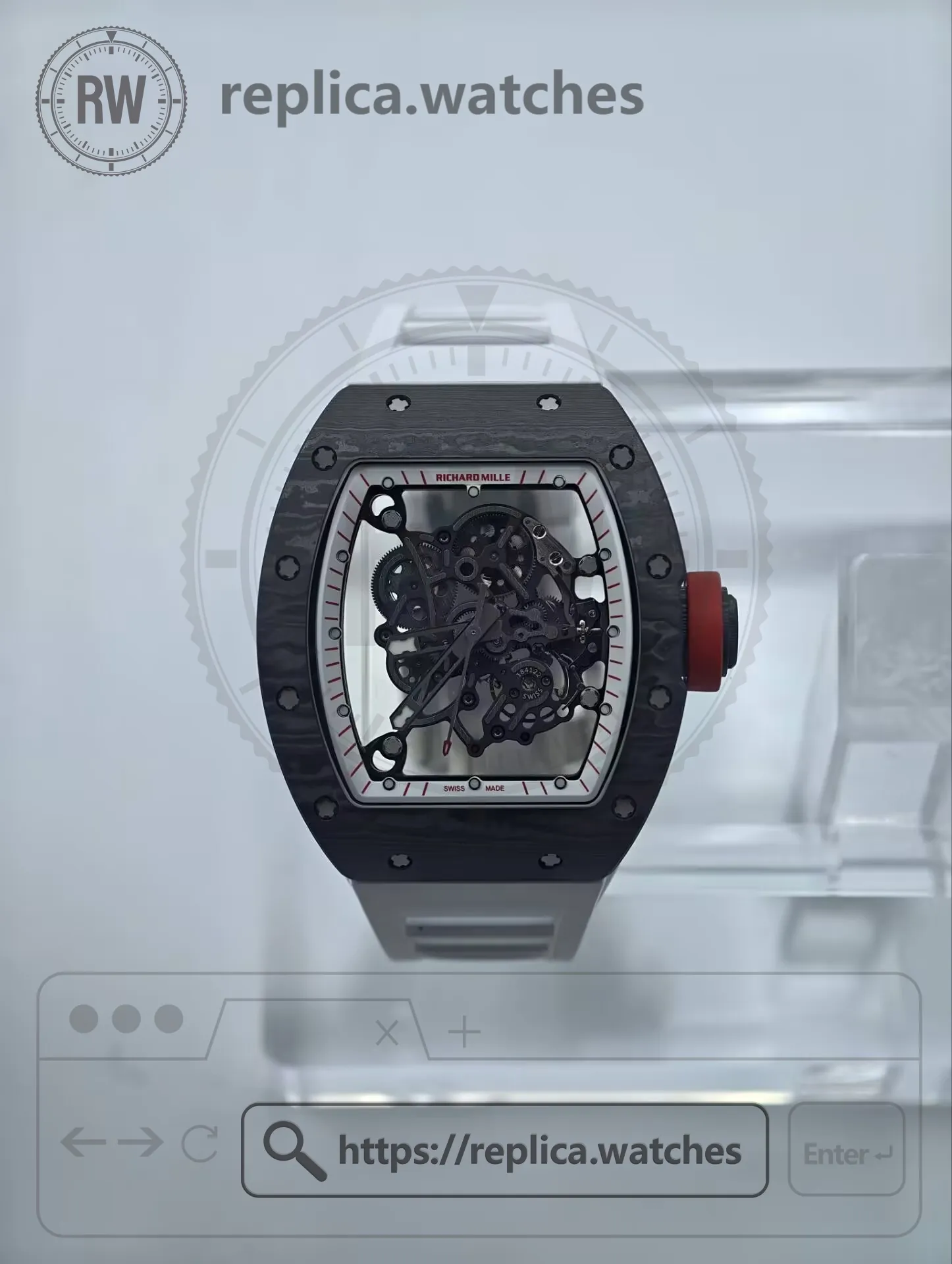 Richard Mille RM 055 Bubba Watson NTPT Carbon Fiber Replica Watch - White Rubber Strap - Front View