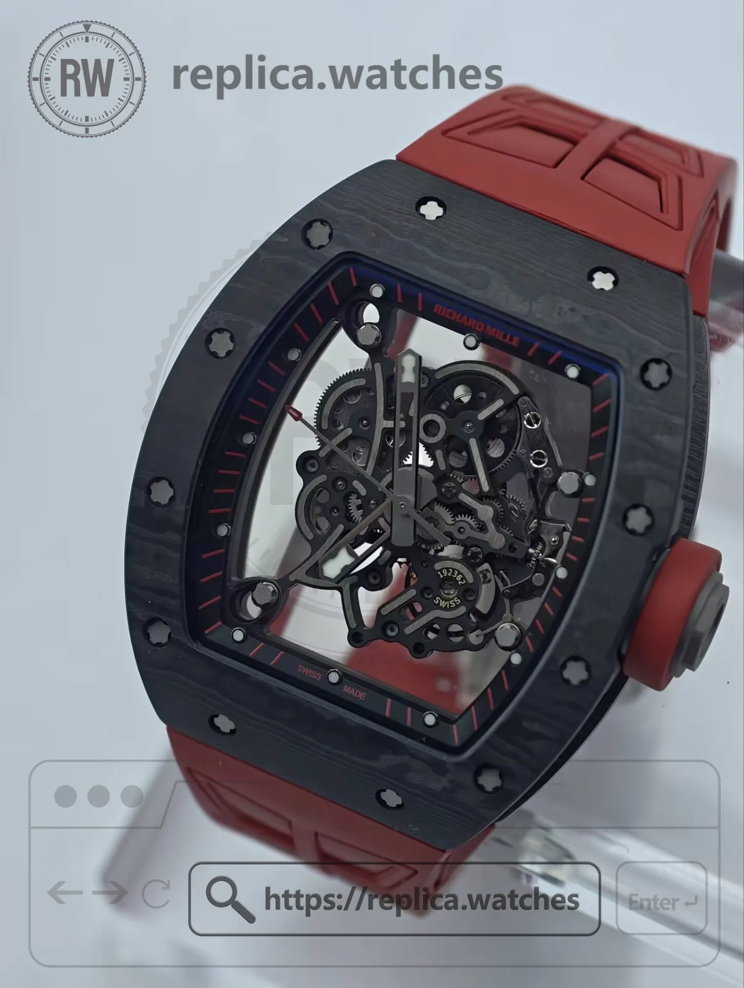 Richard Mille RM 055 Bubba Watson Dark Legend NTPT Carbon Fiber Red Strap Replica Watch - Side View 1