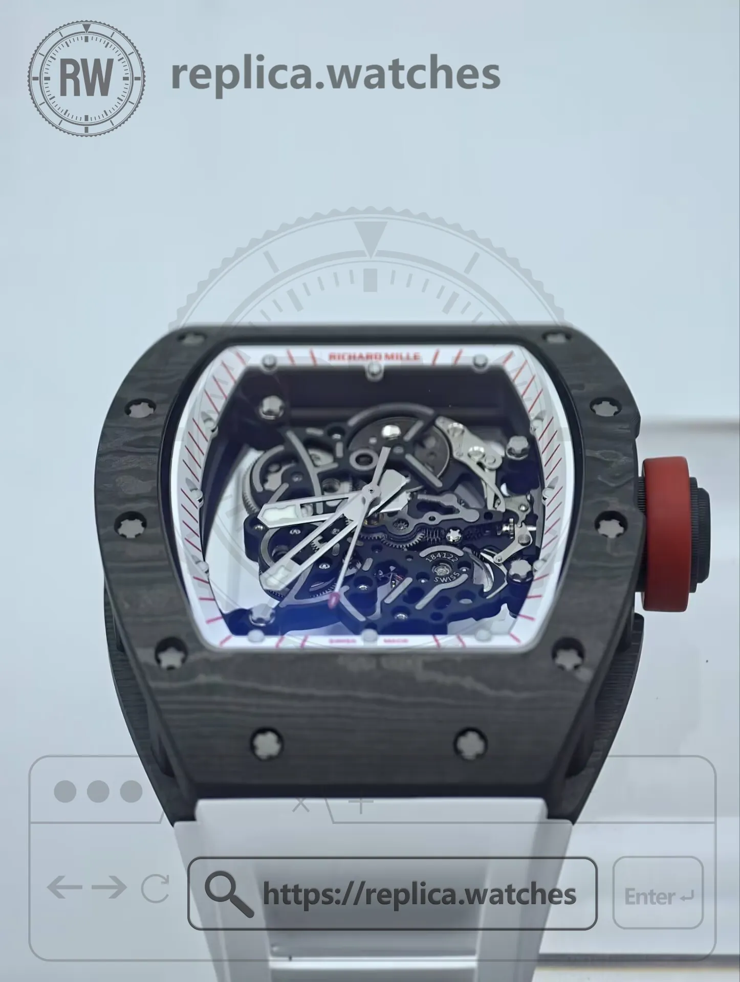 Richard Mille RM 055 Bubba Watson NTPT Carbon Fiber Replica Watch - White Rubber Strap - Dial Detail 1