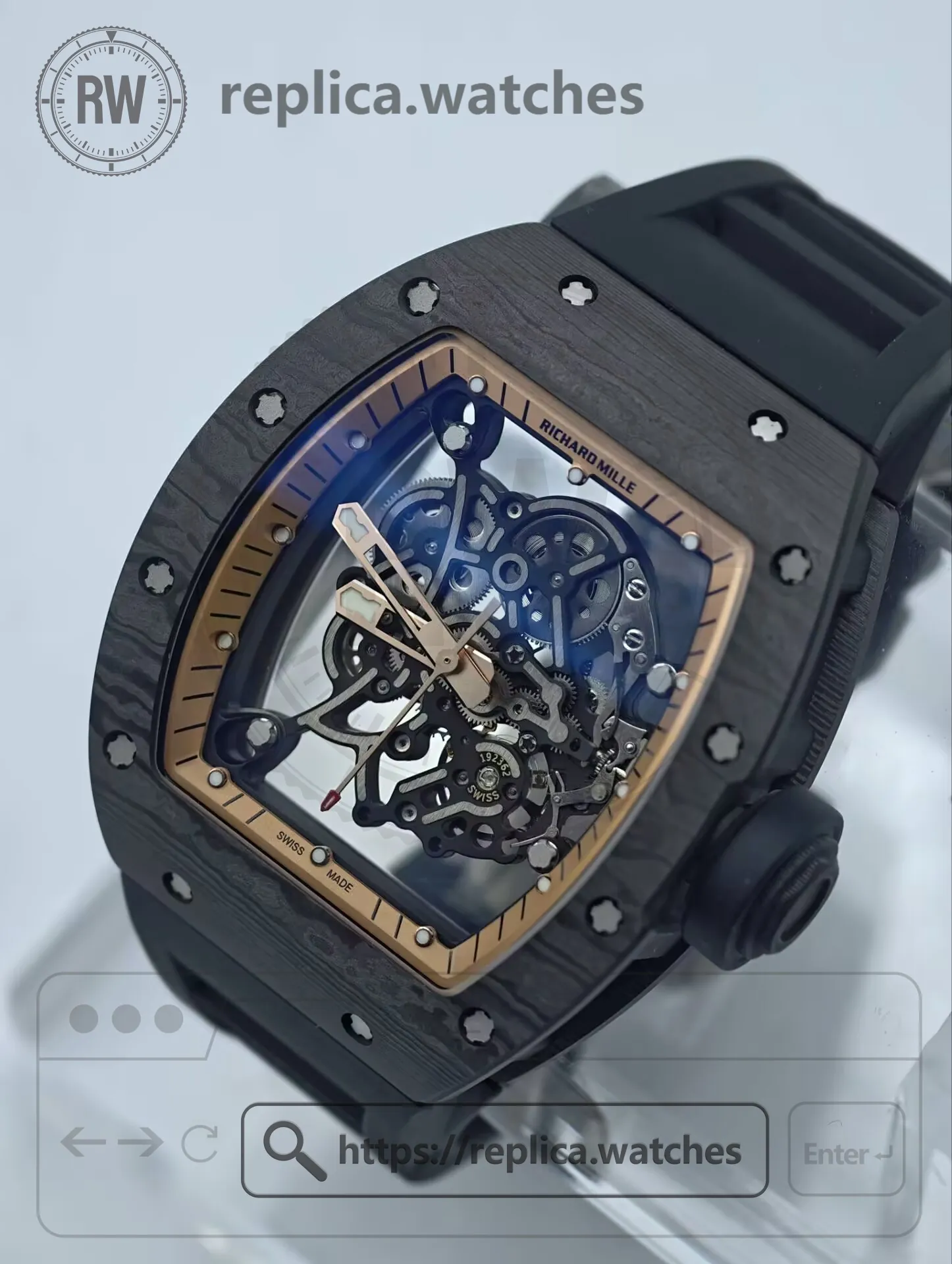 Richard Mille RM 055 Bubba Watson NTPT Carbon Rose Gold Skeleton Dial Replica Watch - Dial Detail 3