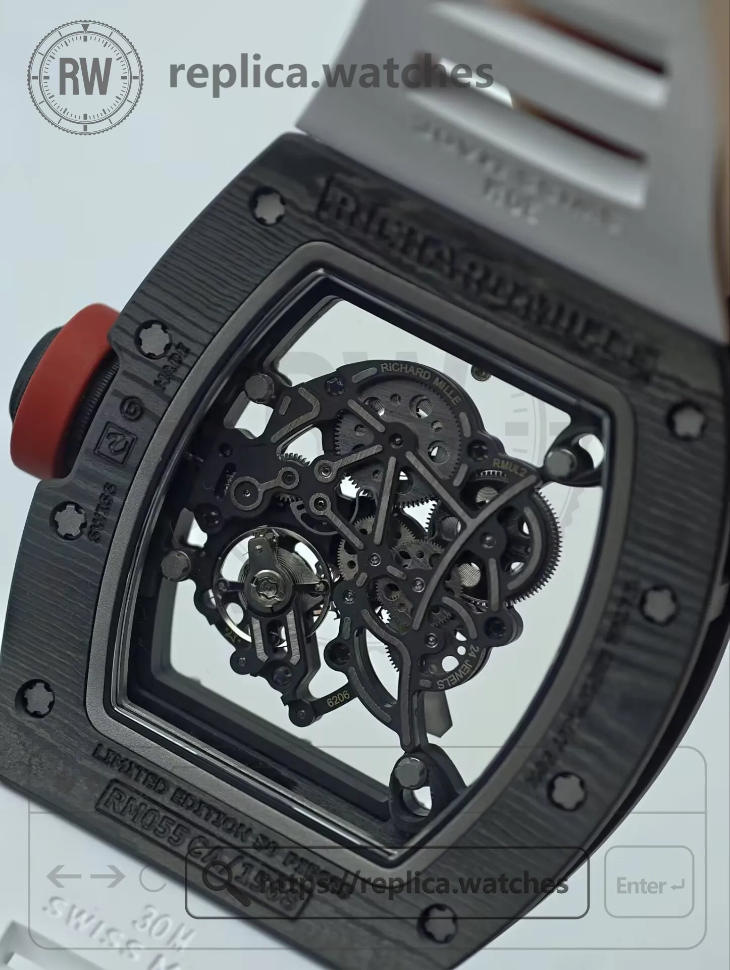 Richard Mille RM 055 Bubba Watson NTPT Carbon Fiber Replica Watch - White Rubber Strap - Back View