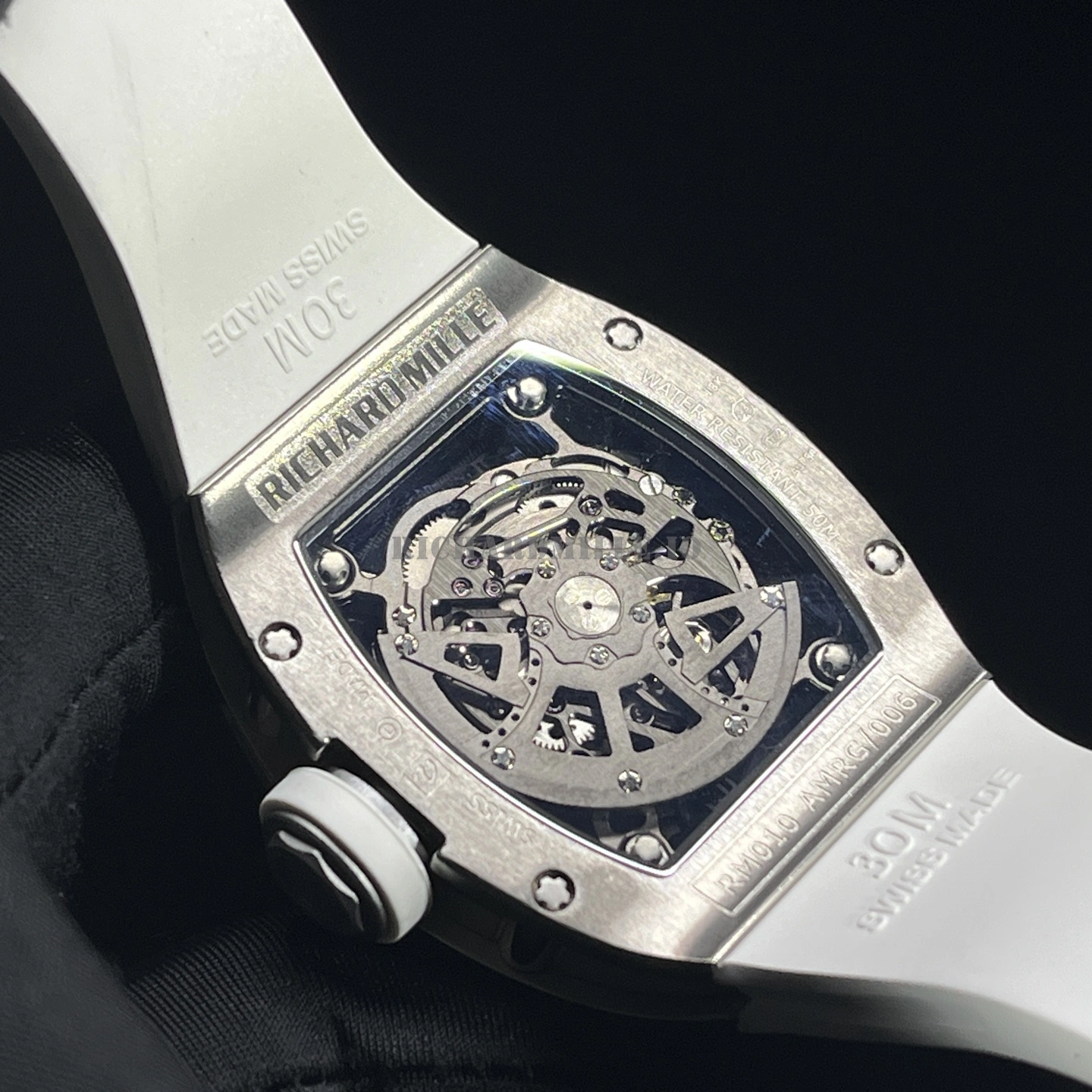 Replica Richard Mille RM 010 Skeleton Dial with White Rubber Strap Automatic Movement - Back View