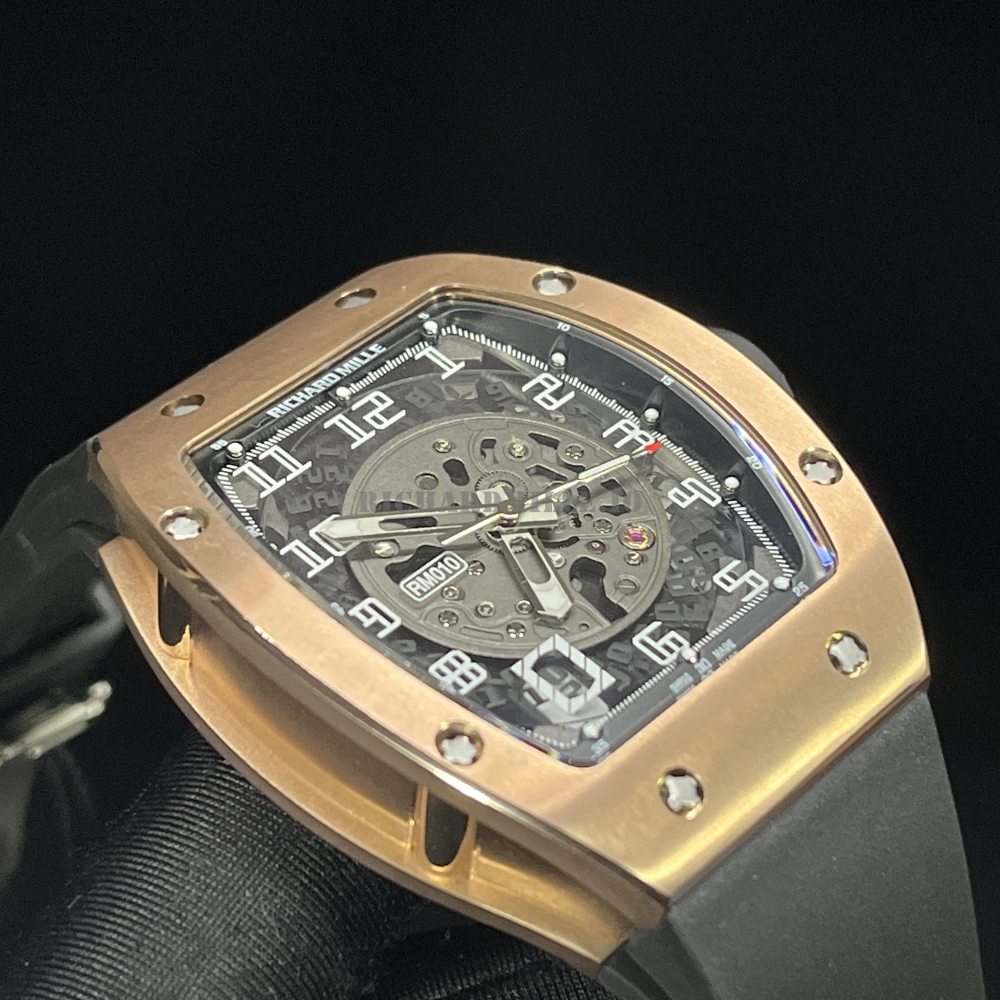 Richard Mille RM 010 Rose Gold Skeleton Dial Black Rubber Strap Replica Watch - Dial Detail 4
