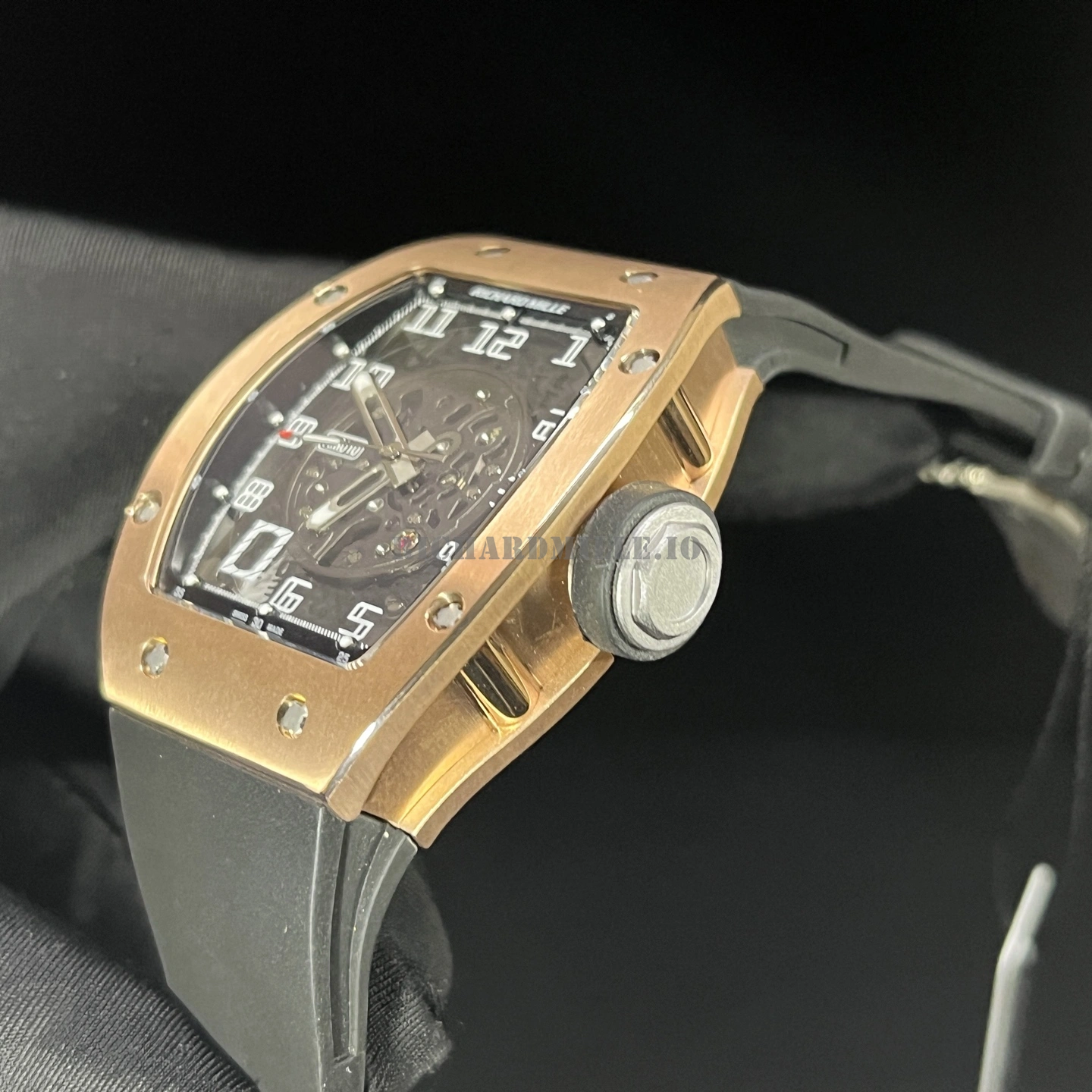 Richard Mille RM 010 Rose Gold Skeleton Dial Black Rubber Strap Replica Watch - Right Side

