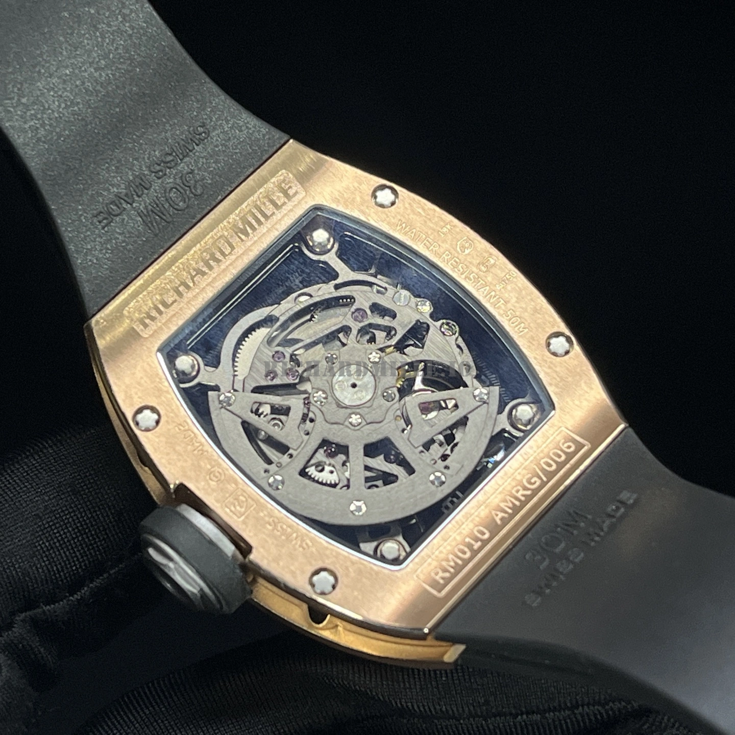 Richard Mille RM 010 Rose Gold Skeleton Dial Black Rubber Strap Replica Watch - Back View
