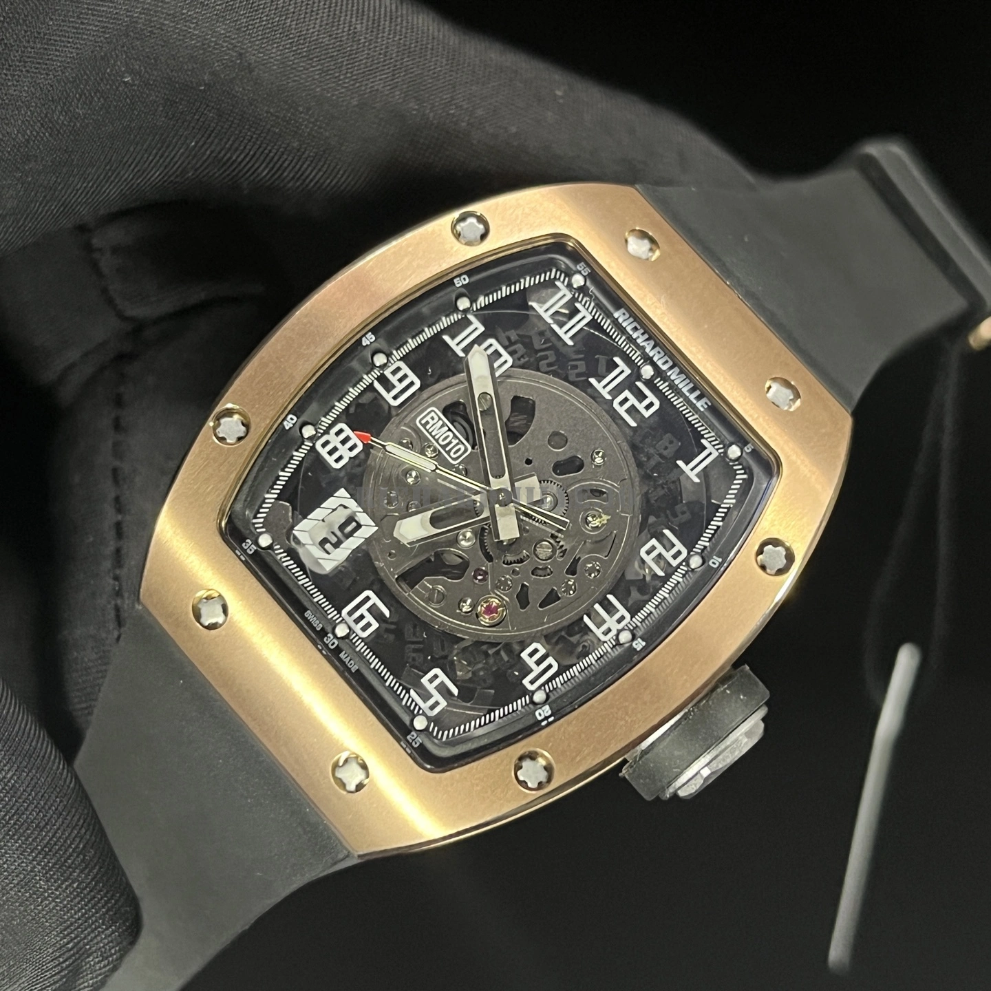 Richard Mille RM 010 Rose Gold Skeleton Dial Black Rubber Strap Replica Watch - Dial Detail 1
