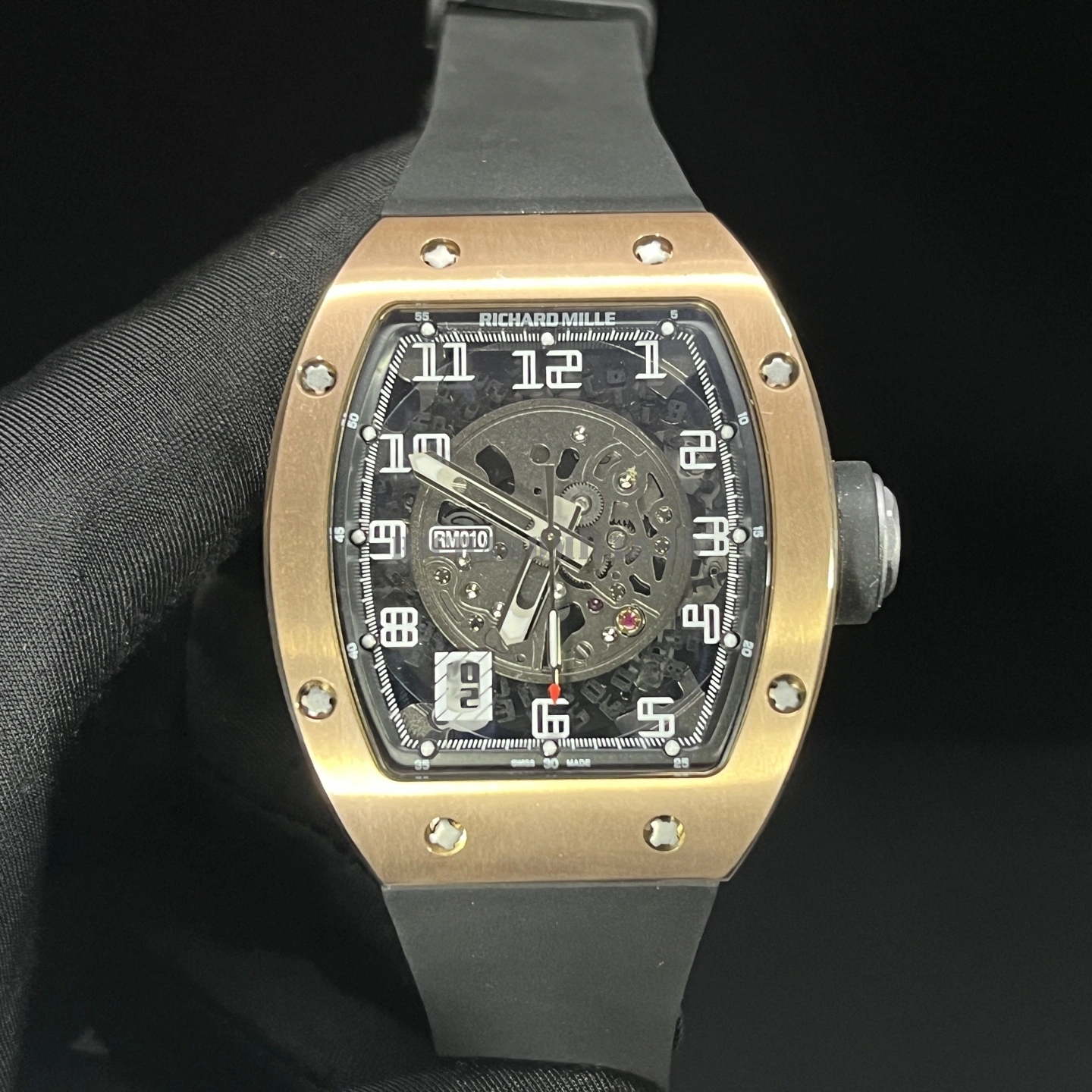 Richard Mille RM 010 Rose Gold Skeleton Dial Black Rubber Strap Replica Watch - Dial Detail 3

