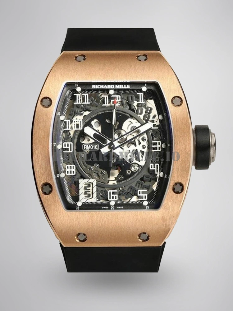 Richard Mille RM 010 Rose Gold Skeleton Dial Black Rubber Strap Replica Watch - Main Image
