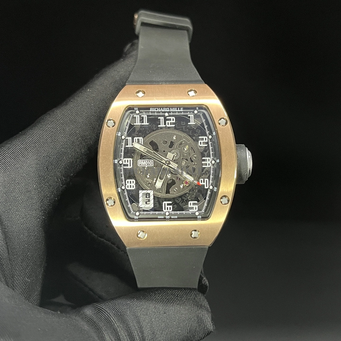 Richard Mille RM 010 Rose Gold Skeleton Dial Black Rubber Strap Replica Watch - Dial Detail 2
