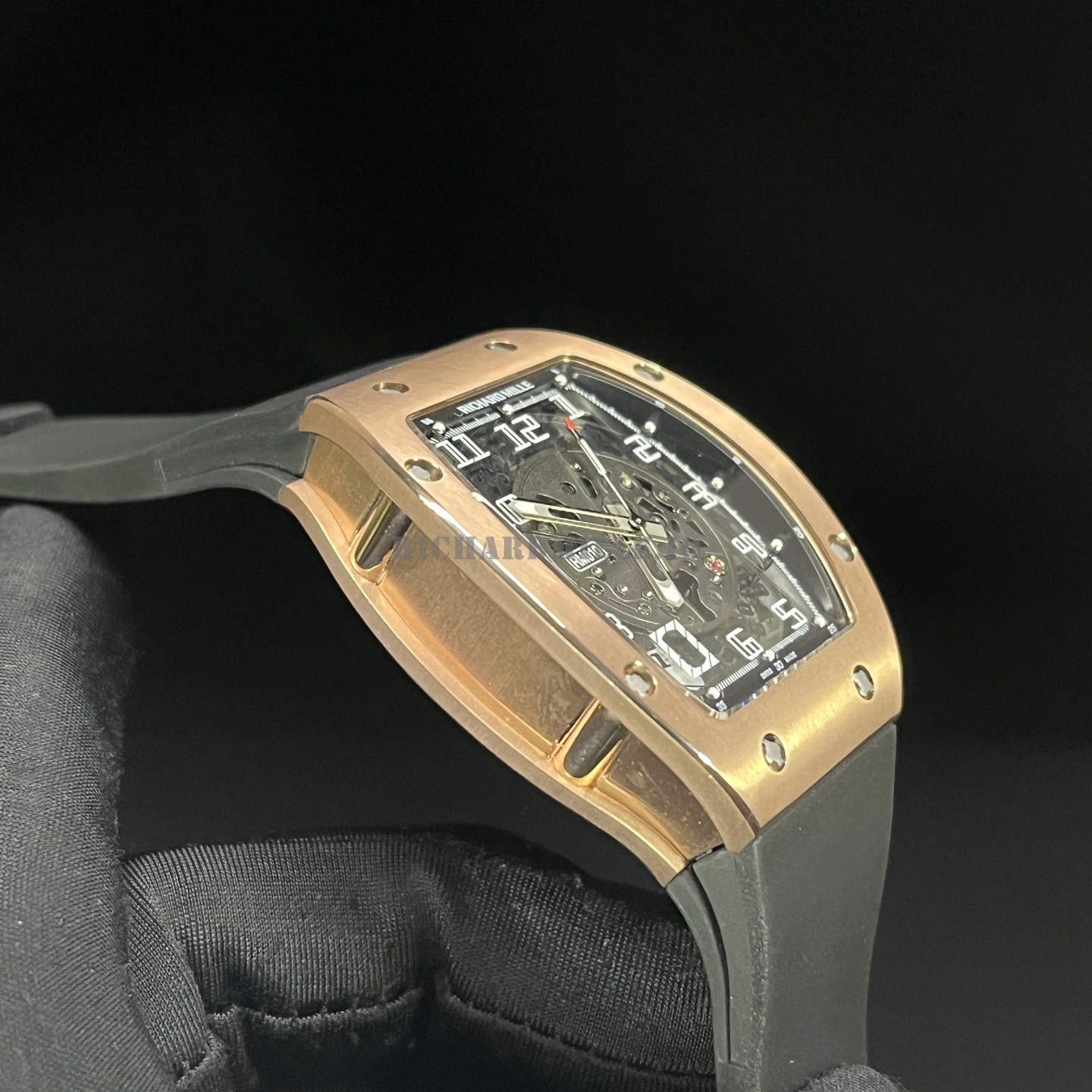 Richard Mille RM 010 Rose Gold Skeleton Dial Black Rubber Strap Replica Watch - Left Side
