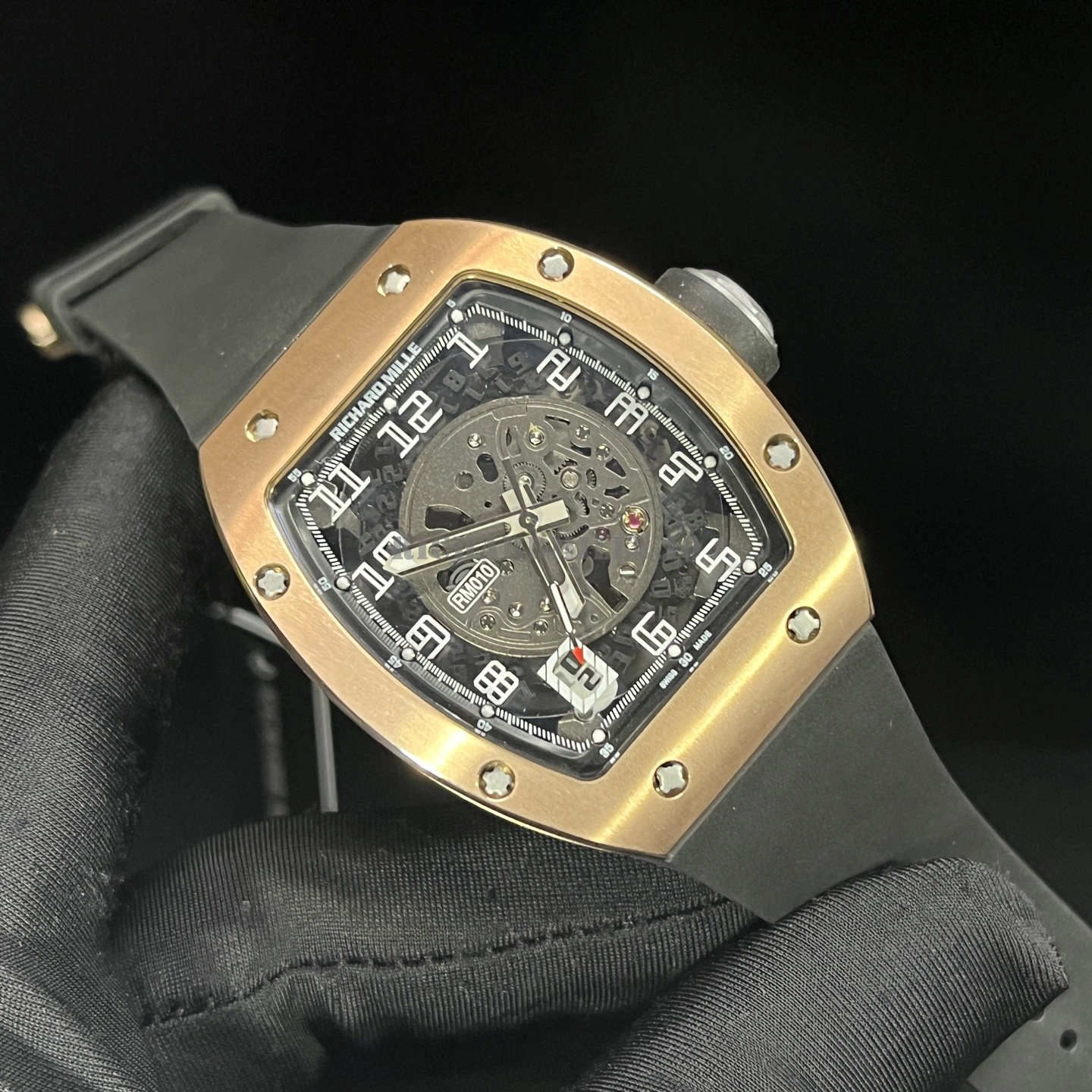 Richard Mille RM 010 Rose Gold Skeleton Dial Black Rubber Strap Replica Watch - Front View
