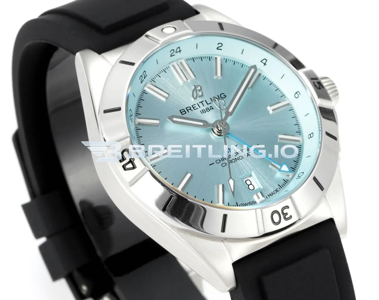 Breitling Chronomat GMT 40 P32398101C1S1 Ice Blue Dial Silver Bezel Black Rubber Strap 2836 Dual-Time Zone Replica Dial Detail 2