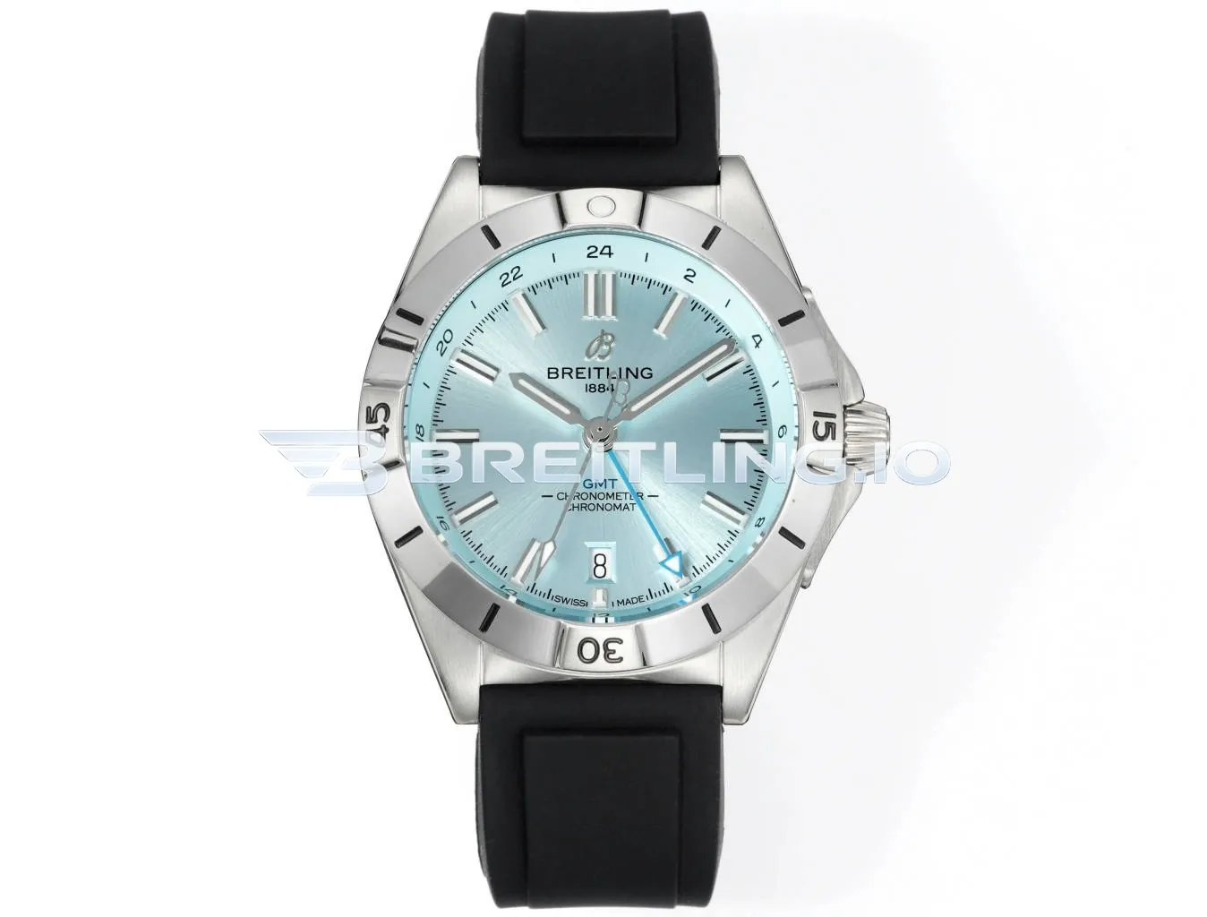 Breitling Chronomat GMT 40 P32398101C1S1 Ice Blue Dial Silver Bezel Black Rubber Strap 2836 Dual-Time Zone Replica Front View