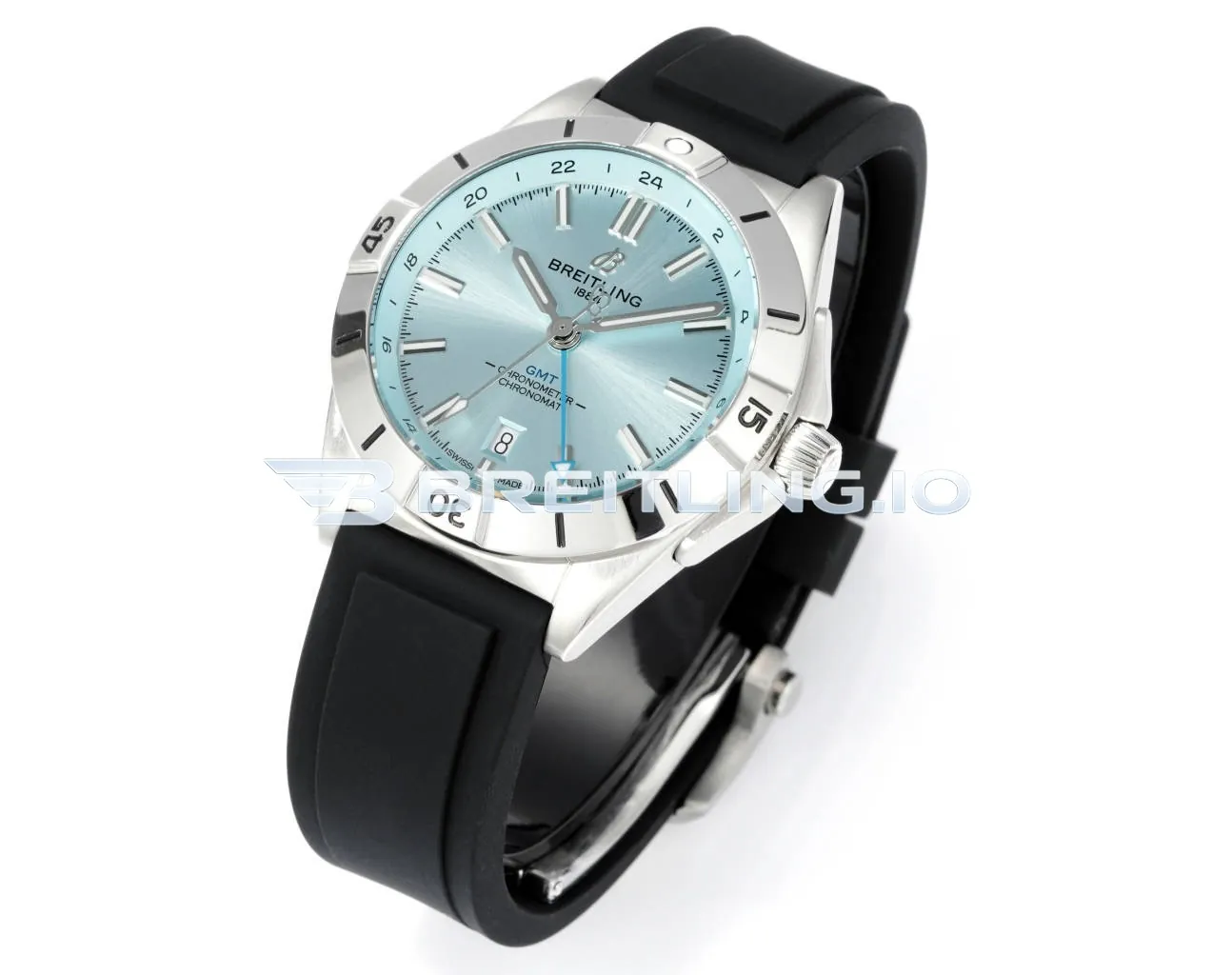 Breitling Chronomat GMT 40 P32398101C1S1 Ice Blue Dial Silver Bezel Black Rubber Strap 2836 Dual-Time Zone Replica Side View