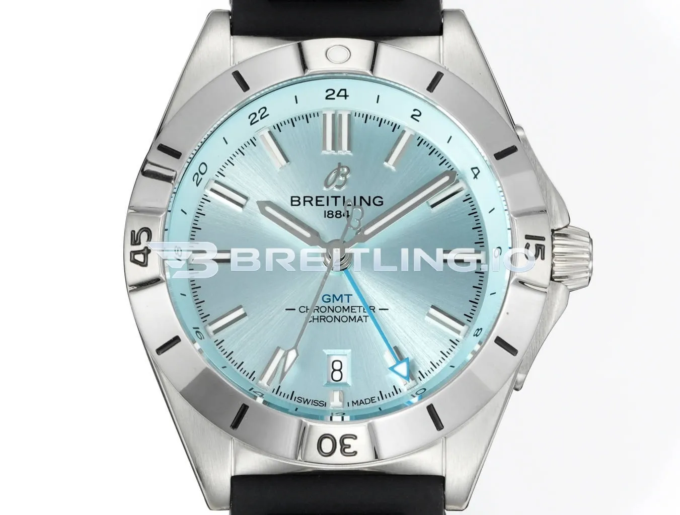 Breitling Chronomat GMT 40 P32398101C1S1 Ice Blue Dial Silver Bezel Black Rubber Strap 2836 Dual-Time Zone Replica Dial Detail 1