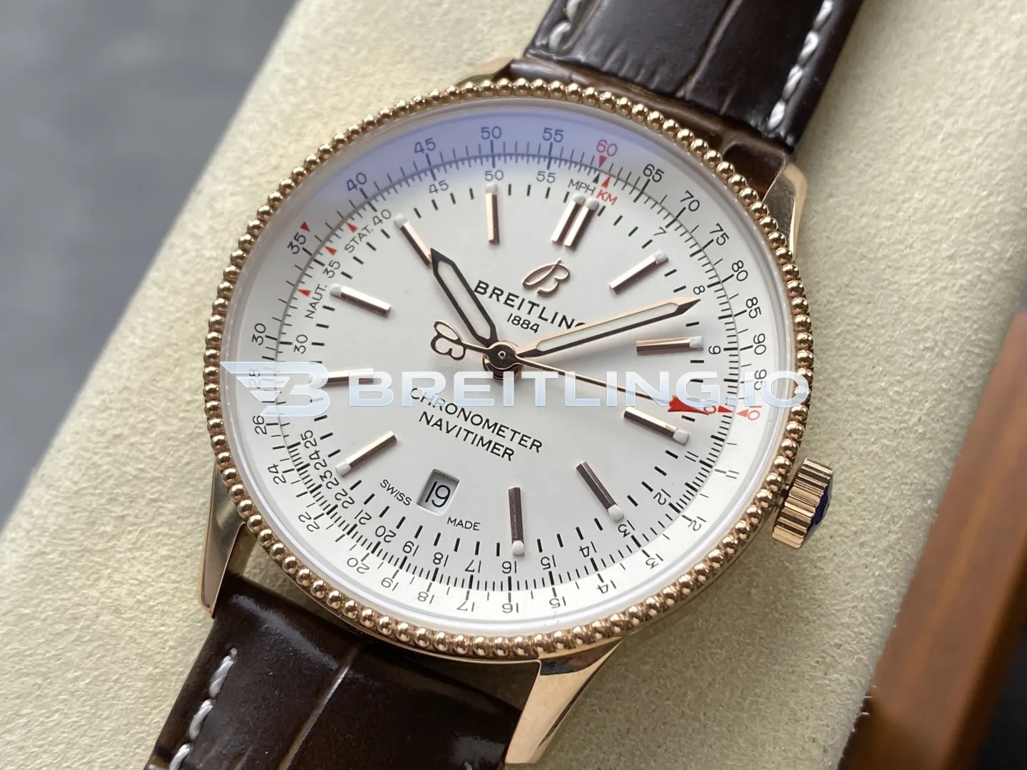 Breitling Navitimer R17326211G1P1 41mm White Dial Rose Gold Knurled Bezel 2824 Movement Replica Side View 2