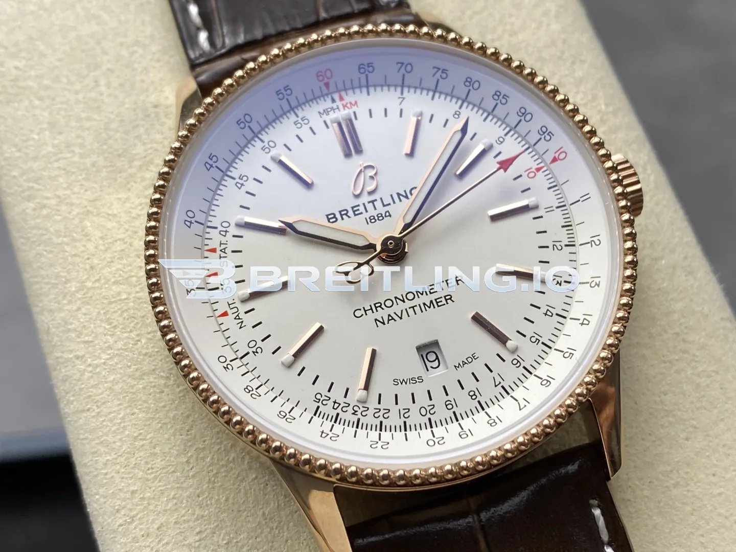 Breitling Navitimer R17326211G1P1 41mm White Dial Rose Gold Knurled Bezel 2824 Movement Replica Side View 1