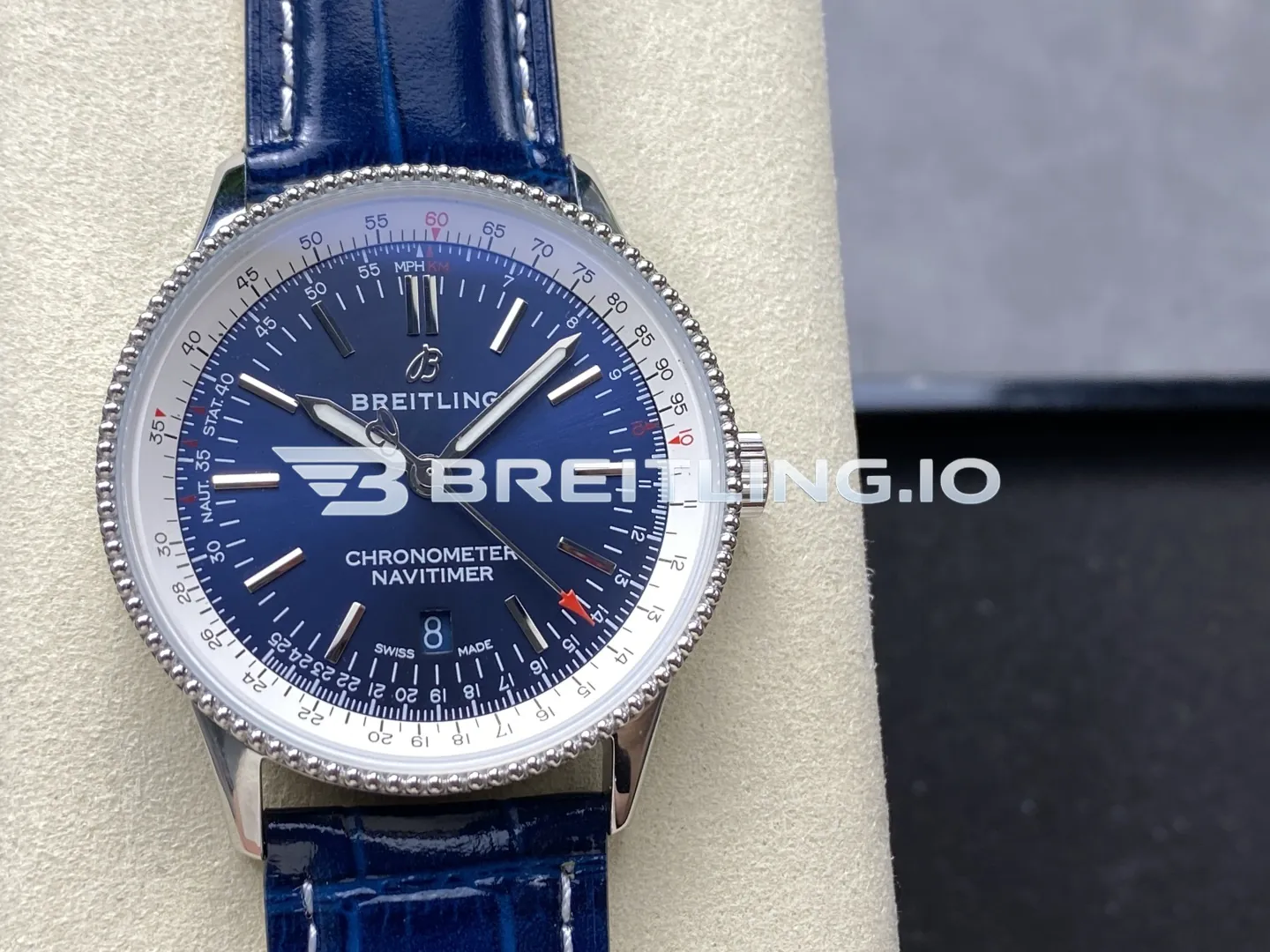 Breitling Navitimer A17325211C1P3 Blue Dial White Outer Scale Silver Beaded Bezel Blue Leather Strap 41mm 2824 Automatic Replica Front View