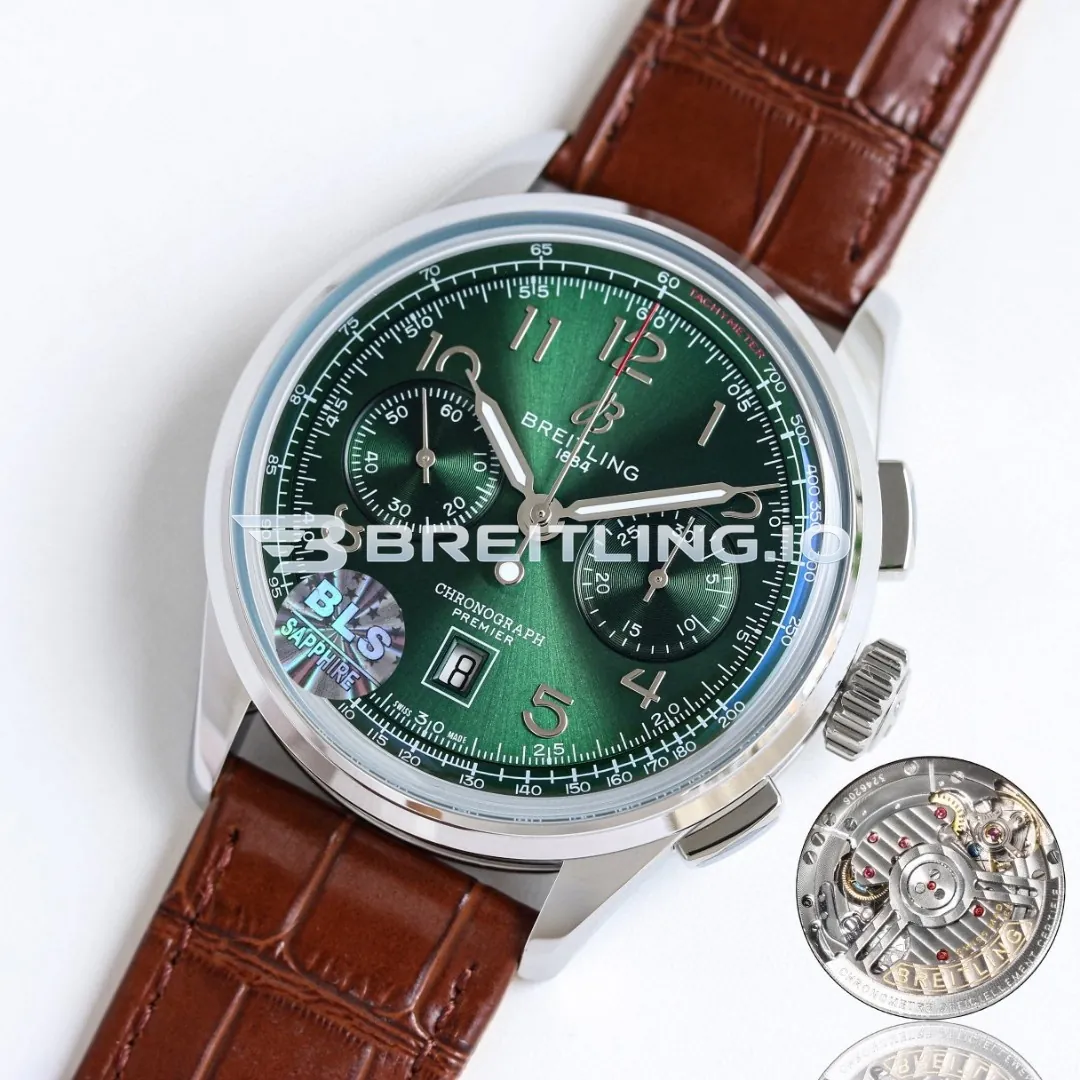 Breitling Premier AB0145371L1P1 Chronograph 42mm Green Sunburst Dial Polished Silver Bezel Brown Leather Strap Automatic Replica Side View