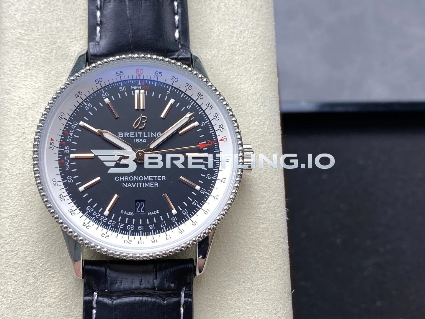 Breitling Navitimer A17326211B1P1 Black Dial White Outer Scale Silver Beaded Bezel Black Leather Strap 41mm 2824 Automatic Replica Front View
