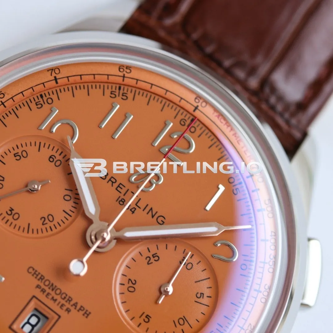 Breitling Premier AB0145331K1P2 42mm Salmon Dial Polished Silver Bezel Brown Leather Strap Automatic Super Clone Dial Detail 1