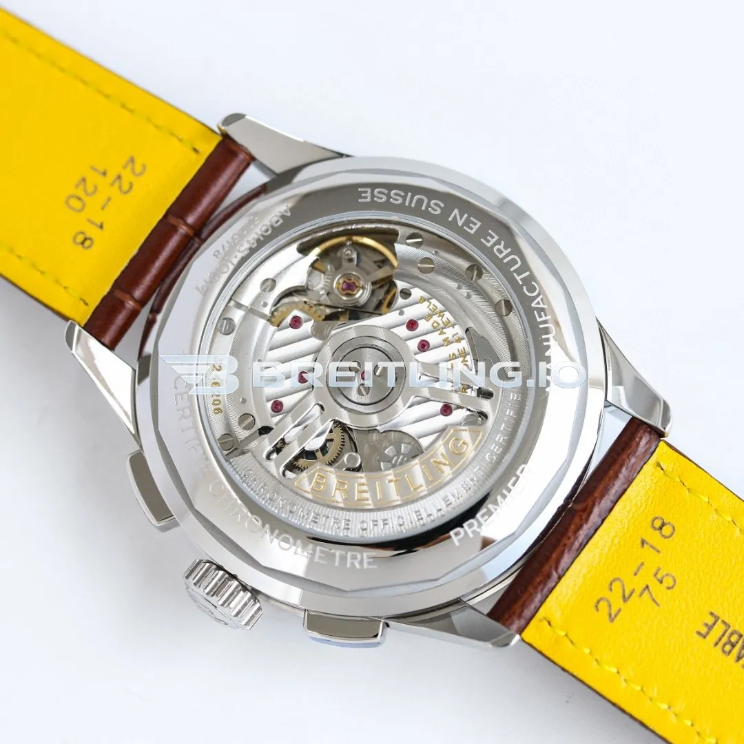 Breitling Premier AB0145331K1P2 42mm Salmon Dial Polished Silver Bezel Brown Leather Strap Automatic Super Clone Back View