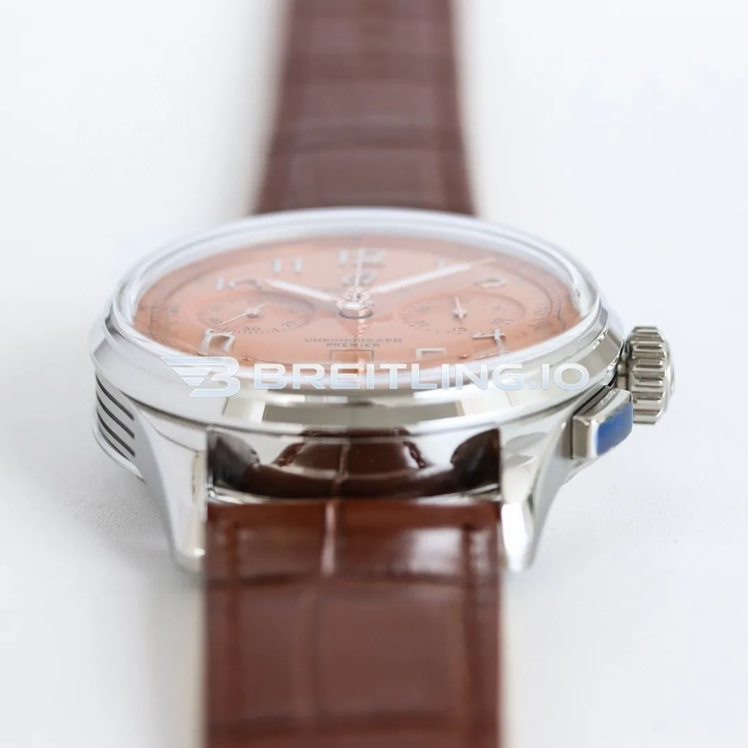 Breitling Premier AB0145331K1P2 42mm Salmon Dial Polished Silver Bezel Brown Leather Strap Automatic Super Clone Dial Detail 3