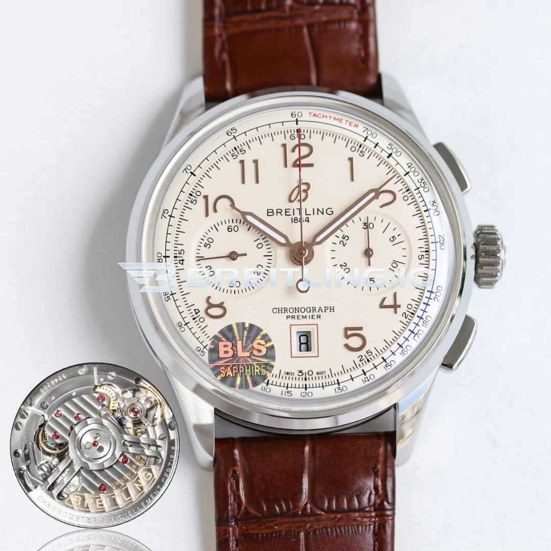 Breitling Premier AB0145211G1P2 Chronograph 42mm Cream Dial Polished Silver Bezel Brown Leather Strap Automatic Replica Front View