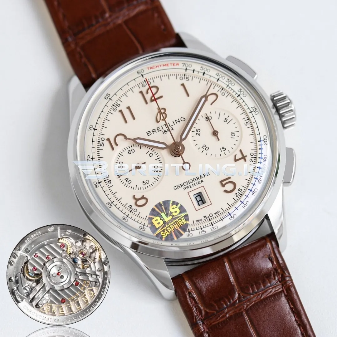 Breitling Premier AB0145211G1P2 Chronograph 42mm Cream Dial Polished Silver Bezel Brown Leather Strap Automatic Replica Side View