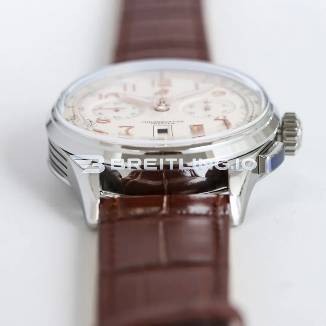 Breitling Premier AB0145211G1P2 Chronograph 42mm Cream Dial Polished Silver Bezel Brown Leather Strap Automatic Replica Dial Detail 3