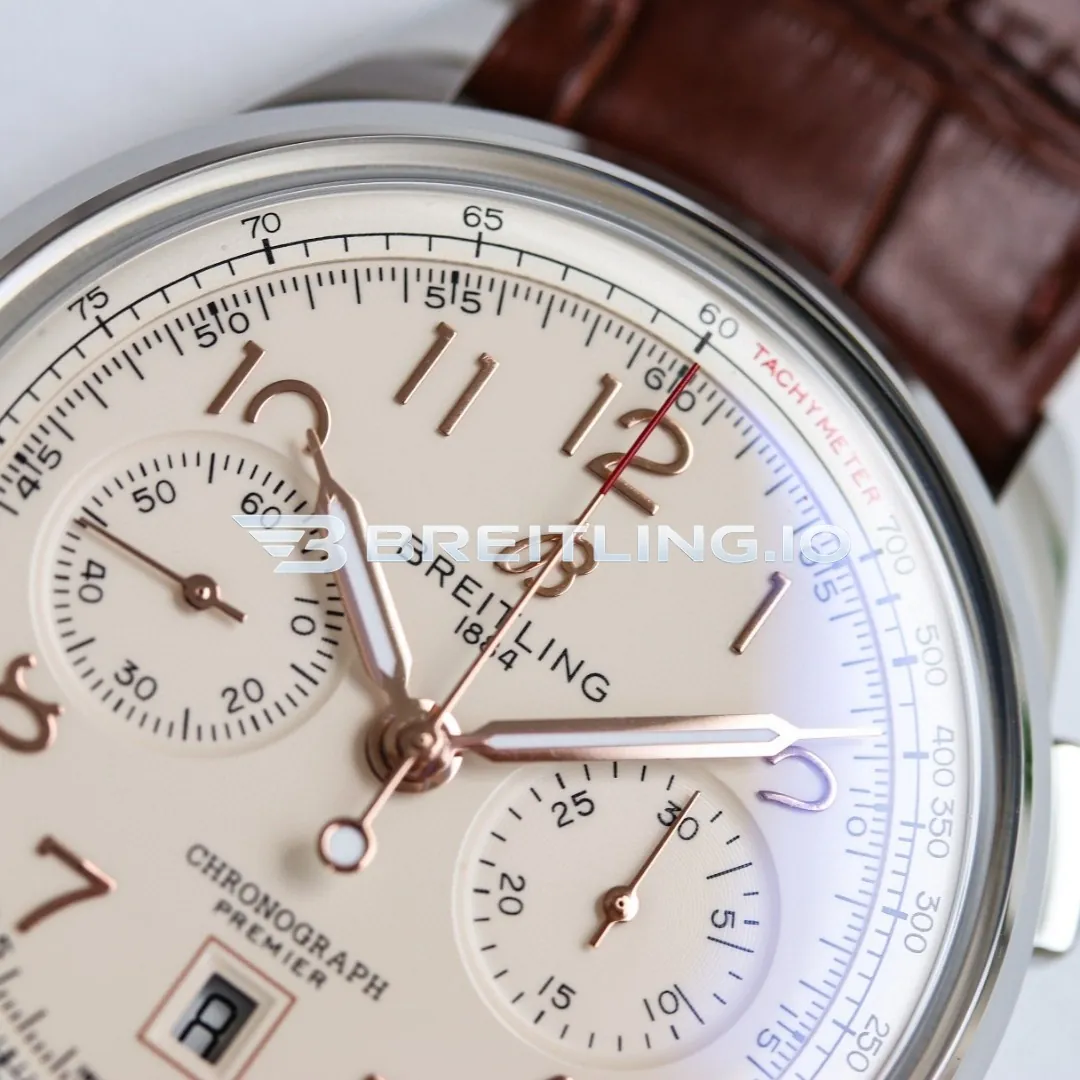 Breitling Premier AB0145211G1P2 Chronograph 42mm Cream Dial Polished Silver Bezel Brown Leather Strap Automatic Replica Dial Detail 1