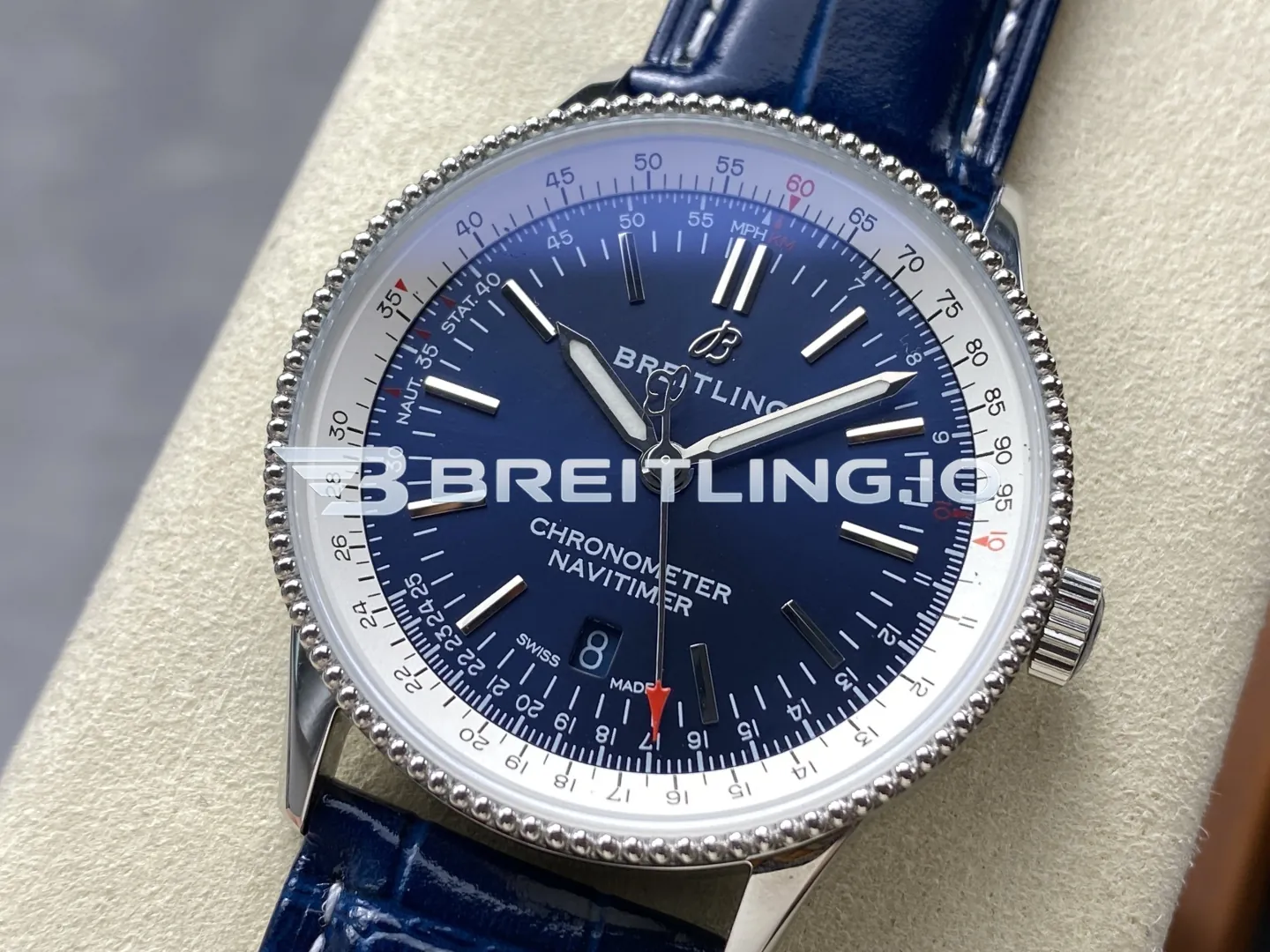 Breitling Navitimer A17325211C1P3 Blue Dial White Outer Scale Silver Beaded Bezel Blue Leather Strap 41mm 2824 Automatic Replica Side View 2