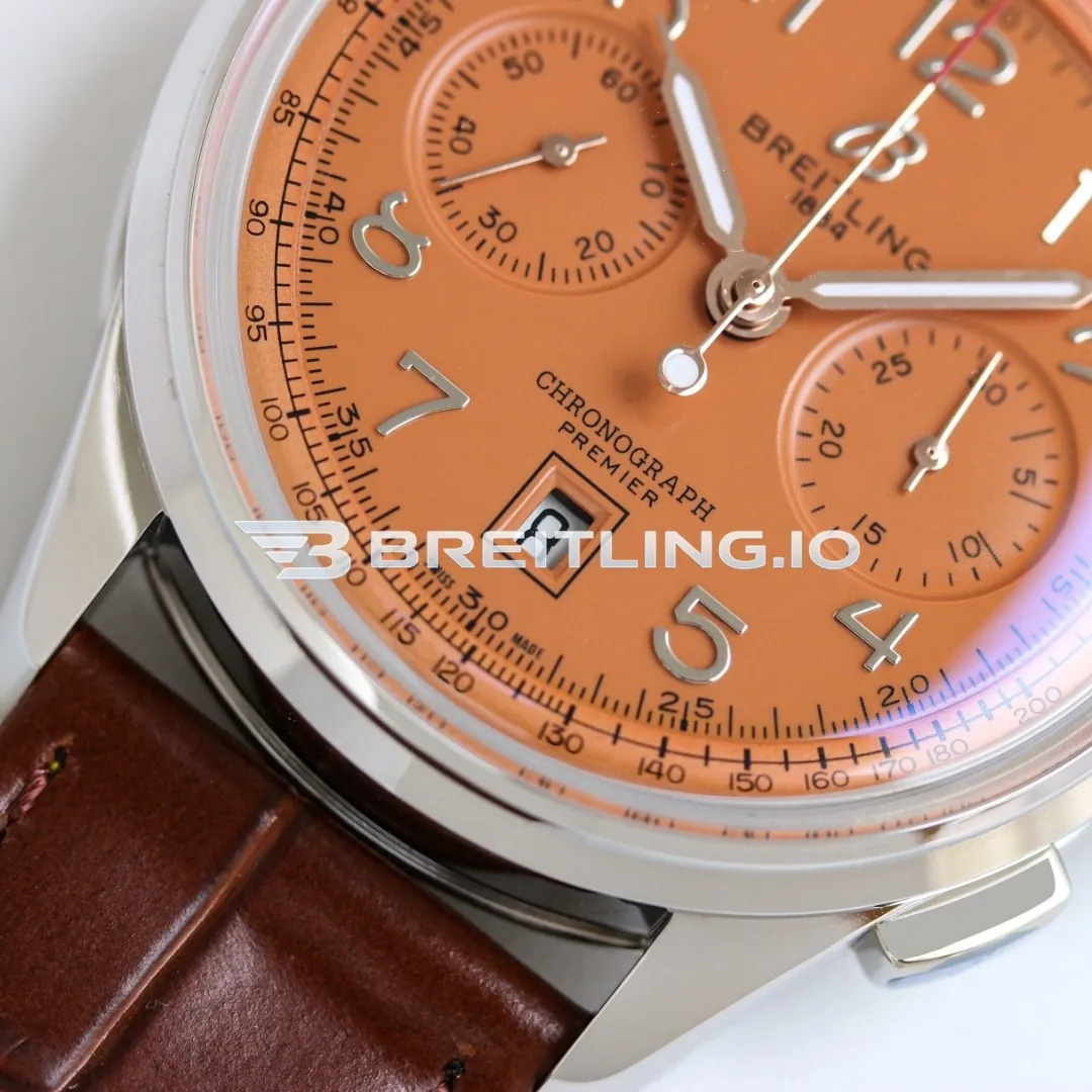 Breitling Premier AB0145331K1P2 42mm Salmon Dial Polished Silver Bezel Brown Leather Strap Automatic Super Clone Dial Detail 2