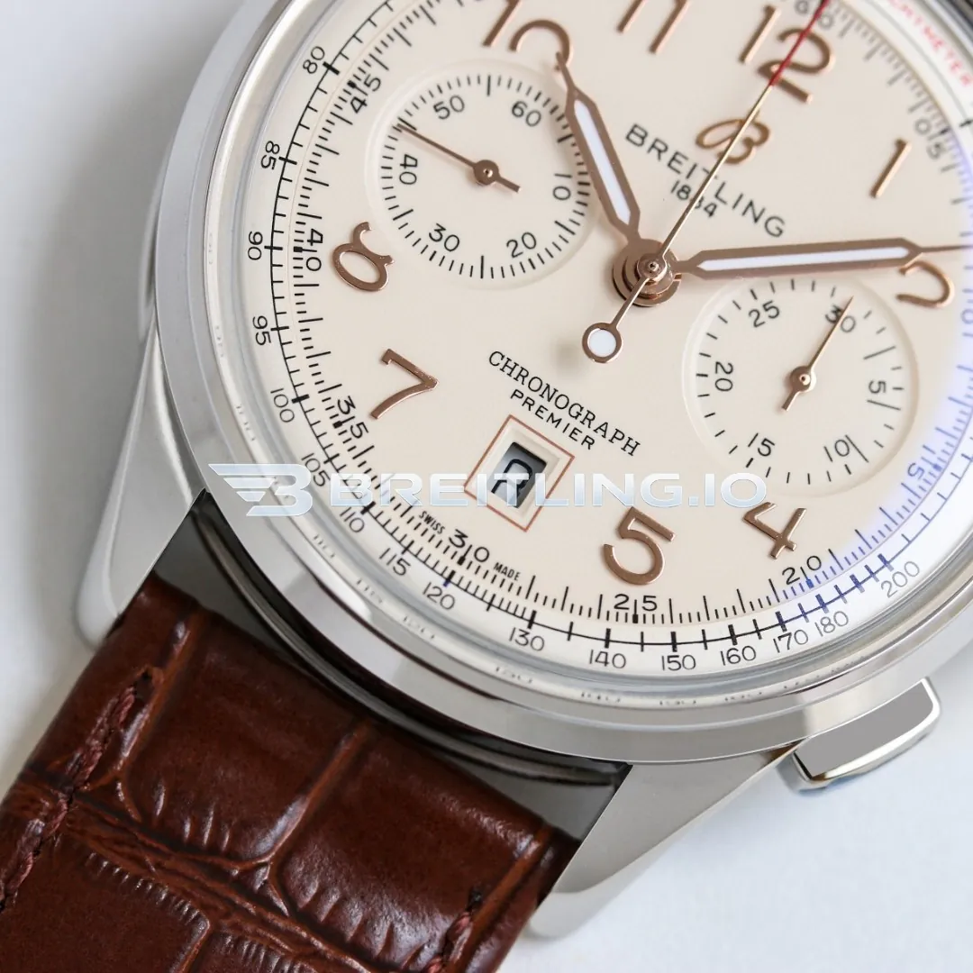 Breitling Premier AB0145211G1P2 Chronograph 42mm Cream Dial Polished Silver Bezel Brown Leather Strap Automatic Replica Dial Detail 2