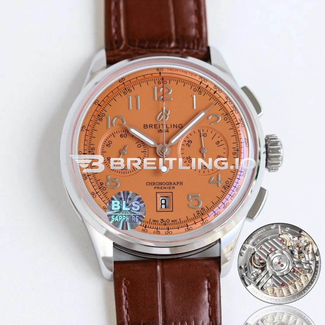 Breitling Premier AB0145331K1P2 42mm Salmon Dial Polished Silver Bezel Brown Leather Strap Automatic Super Clone Front View