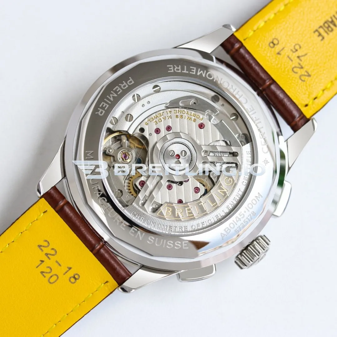 Breitling Premier AB0145211G1P2 Chronograph 42mm Cream Dial Polished Silver Bezel Brown Leather Strap Automatic Replica Back View