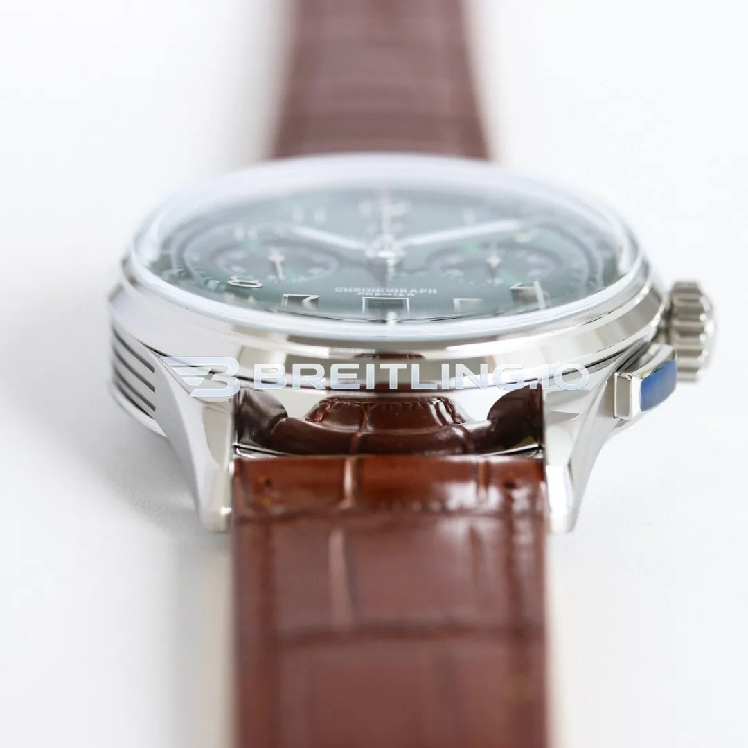 Breitling Premier AB0145371L1P1 Chronograph 42mm Green Sunburst Dial Polished Silver Bezel Brown Leather Strap Automatic Replica Dial Detail 3
