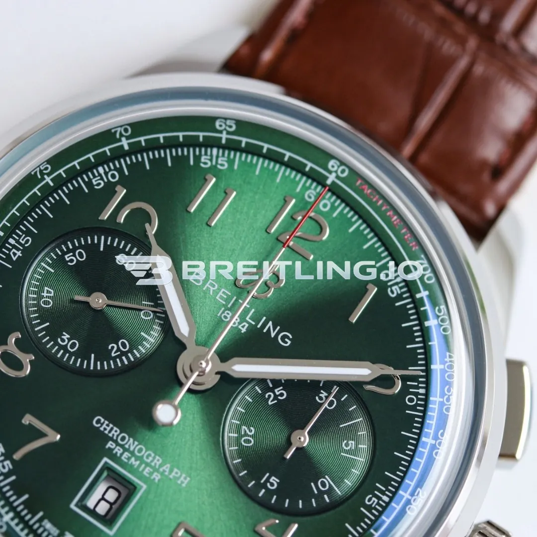 Breitling Premier AB0145371L1P1 Chronograph 42mm Green Sunburst Dial Polished Silver Bezel Brown Leather Strap Automatic Replica Dial Detail 1