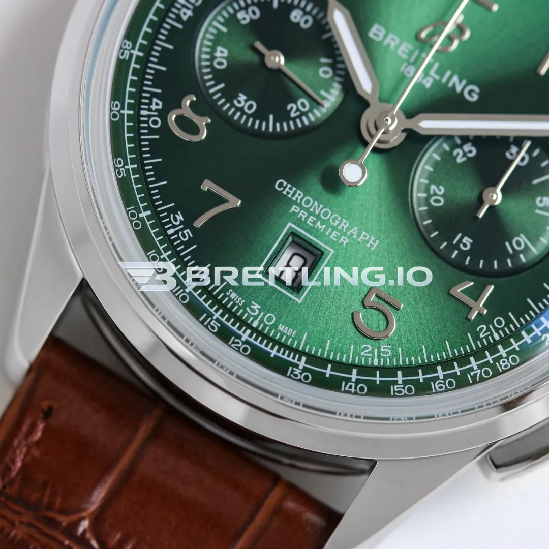 Breitling Premier AB0145371L1P1 Chronograph 42mm Green Sunburst Dial Polished Silver Bezel Brown Leather Strap Automatic Replica Dial Detail 2