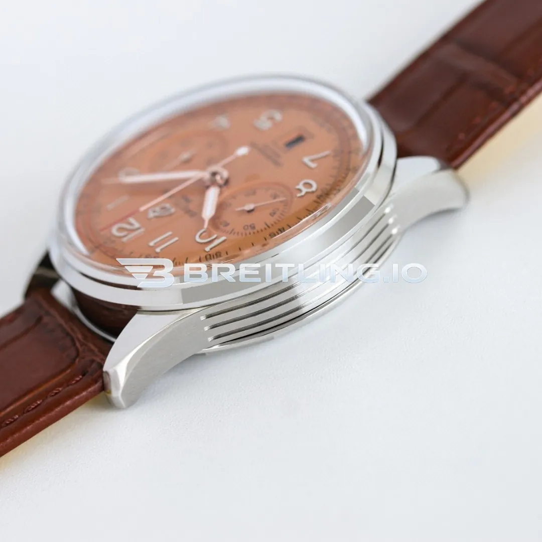 Breitling Premier AB0145331K1P2 42mm Salmon Dial Polished Silver Bezel Brown Leather Strap Automatic Super Clone Left View