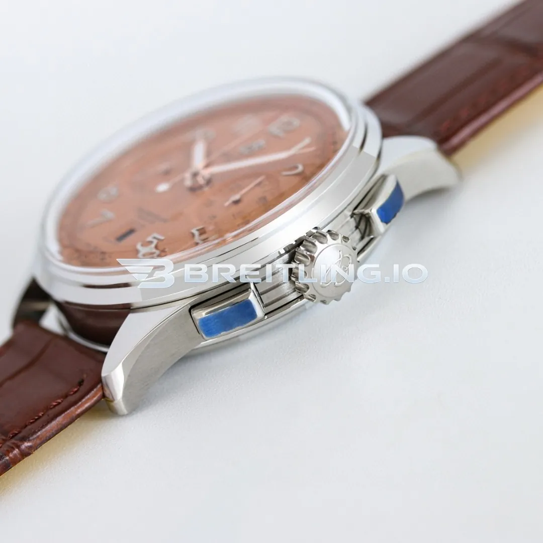 Breitling Premier AB0145331K1P2 42mm Salmon Dial Polished Silver Bezel Brown Leather Strap Automatic Super Clone Right View