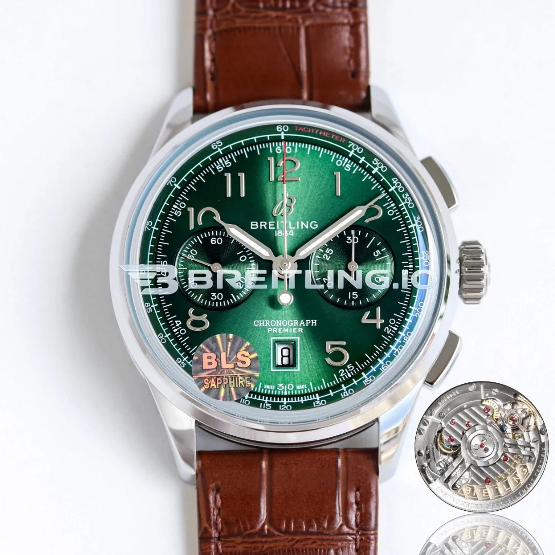 Breitling Premier AB0145371L1P1 Chronograph 42mm Green Sunburst Dial Polished Silver Bezel Brown Leather Strap Automatic Replica Front View