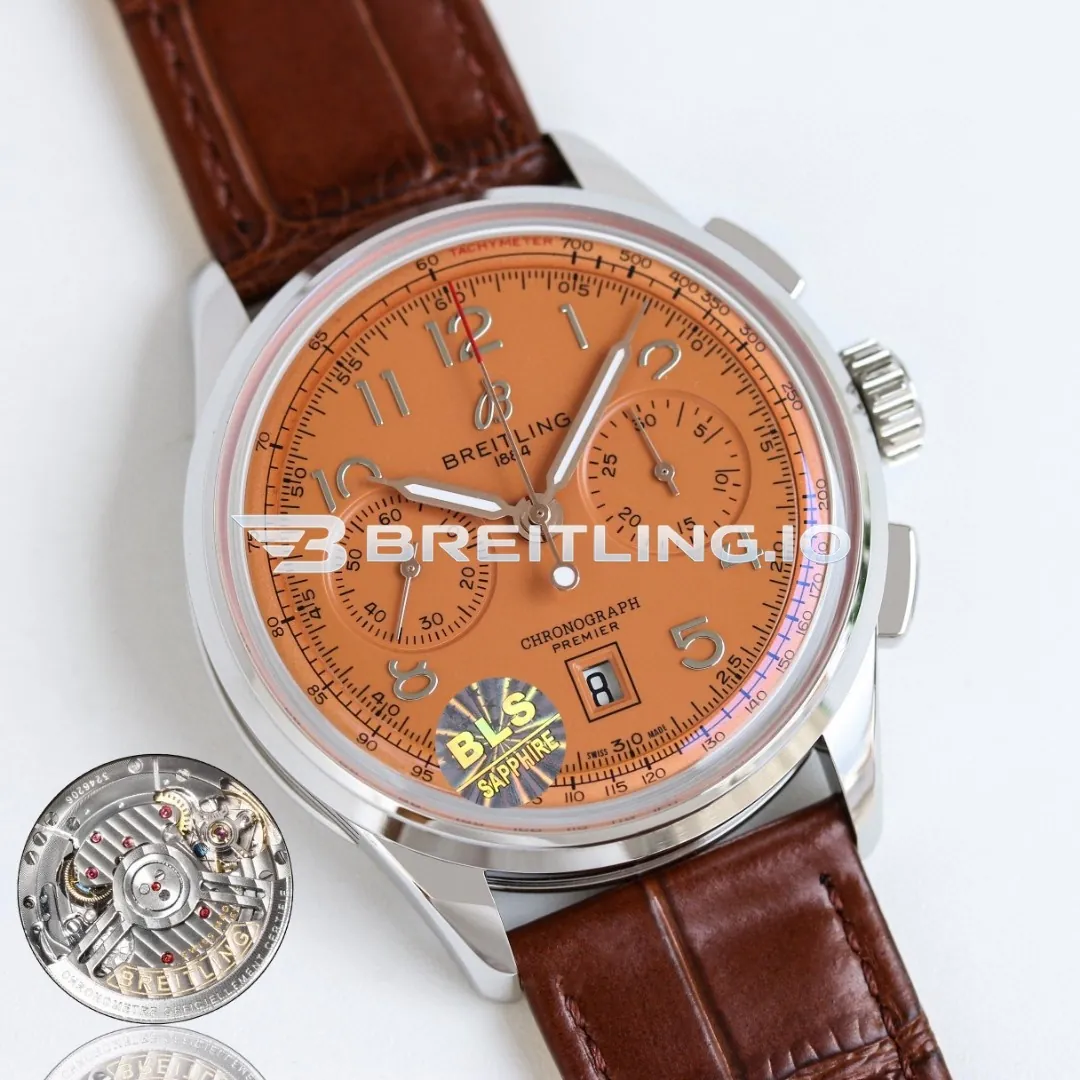 Breitling Premier AB0145331K1P2 42mm Salmon Dial Polished Silver Bezel Brown Leather Strap Automatic Super Clone Side View