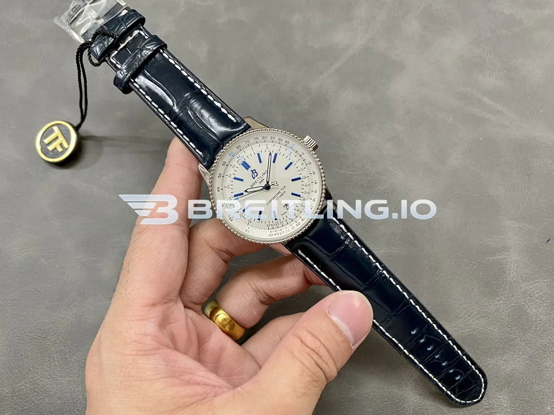 Breitling Navitimer A173263A1G1P1 41mm Cream Dial Silver Beaded Bezel Blue Indexes Blue Leather Strap 2824 Automatic Replica Dial Detail 1