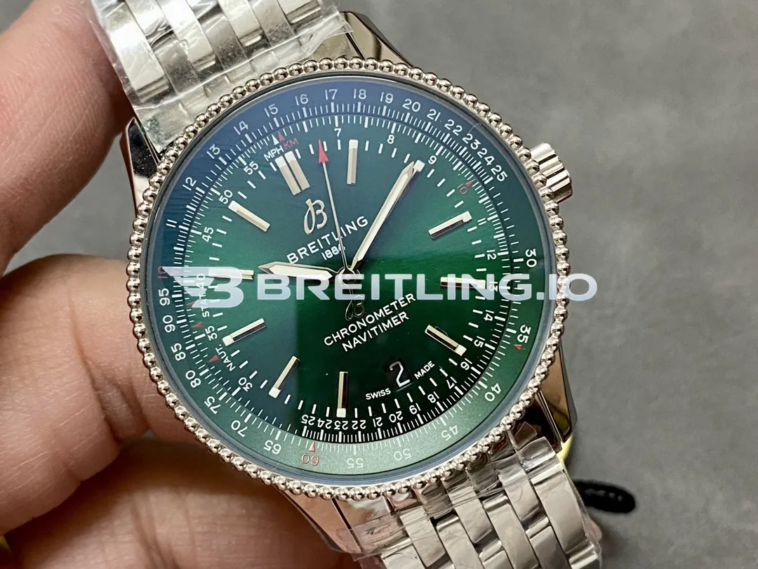 Breitling Navitimer A17326361L1A1 41mm Deep Green Sunburst Dial Silver Beaded Bezel Stainless Steel Bracelet 2824 Automatic Replica Side View 1