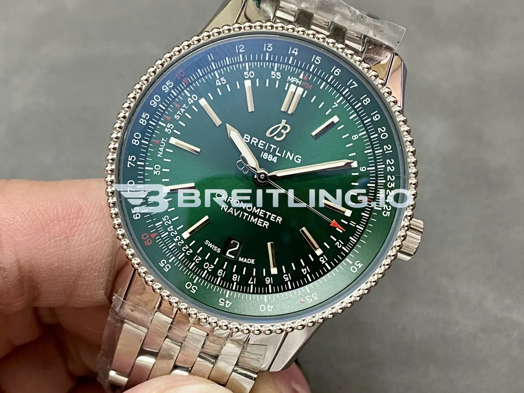 Breitling Navitimer A17326361L1A1 41mm Deep Green Sunburst Dial Silver Beaded Bezel Stainless Steel Bracelet 2824 Automatic Replica Side View 2
